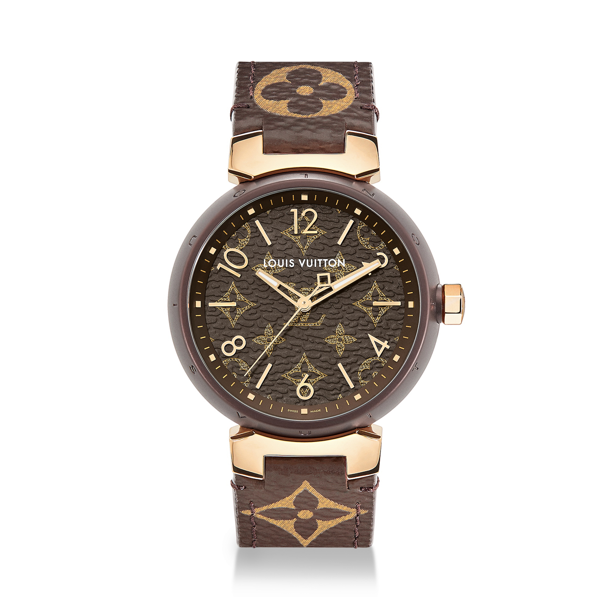 NIGO Louis Vuitton Tambour Monogram Watch Quartz Movement Canvas Strap 34mm Tan Dial 100m Water Resistant #nigo98642