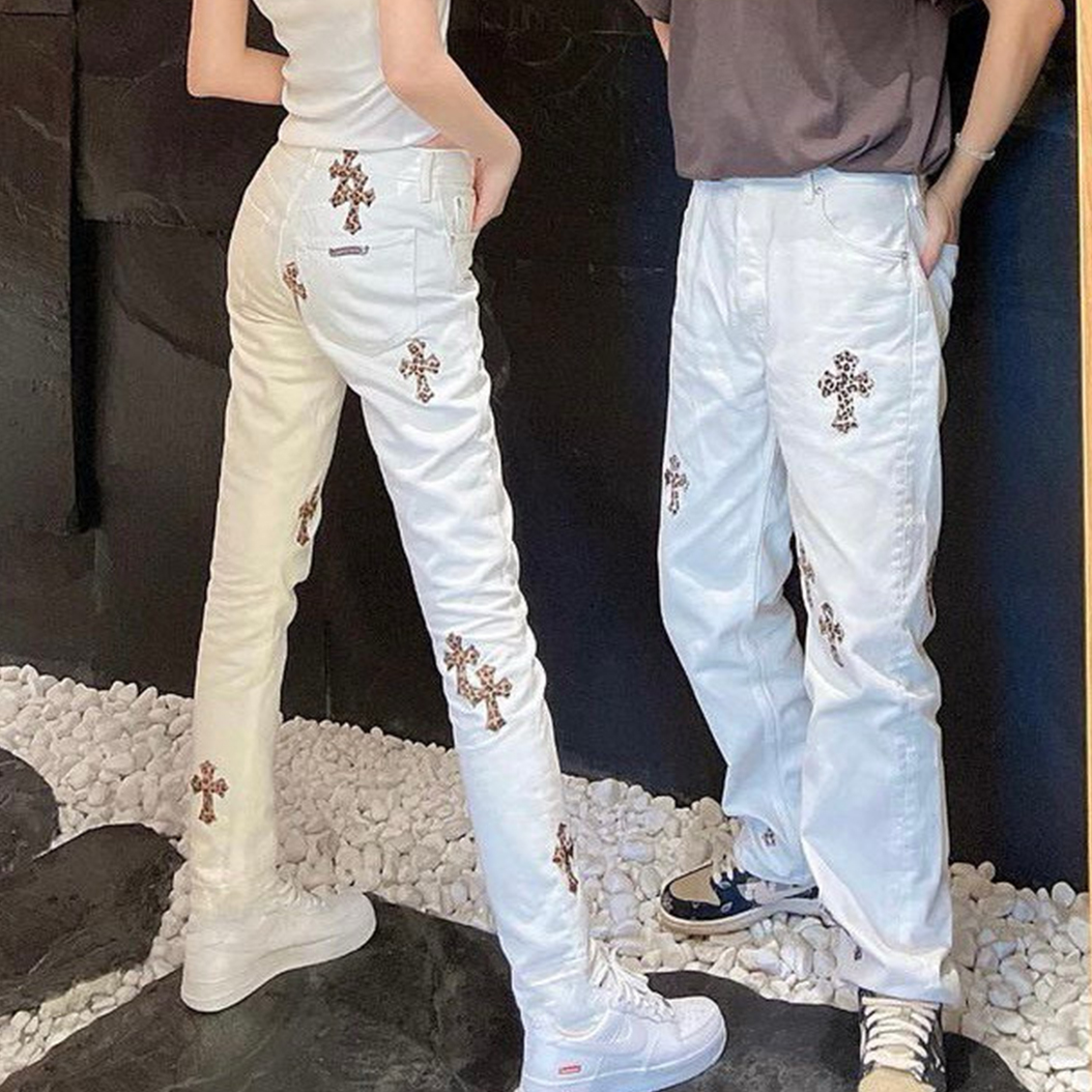 NIGO Chrome Hearts Men's Four Seasons High Street Leopard Cross Embroidered Old White Casual Straight Leg Trousers #nigo98635