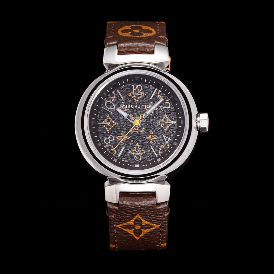 NIGO Louis Vuitton Tambour Monogram Watch Quartz Movement Canvas Strap 34mm Tan Dial 100m Water Resistant #nigo98642