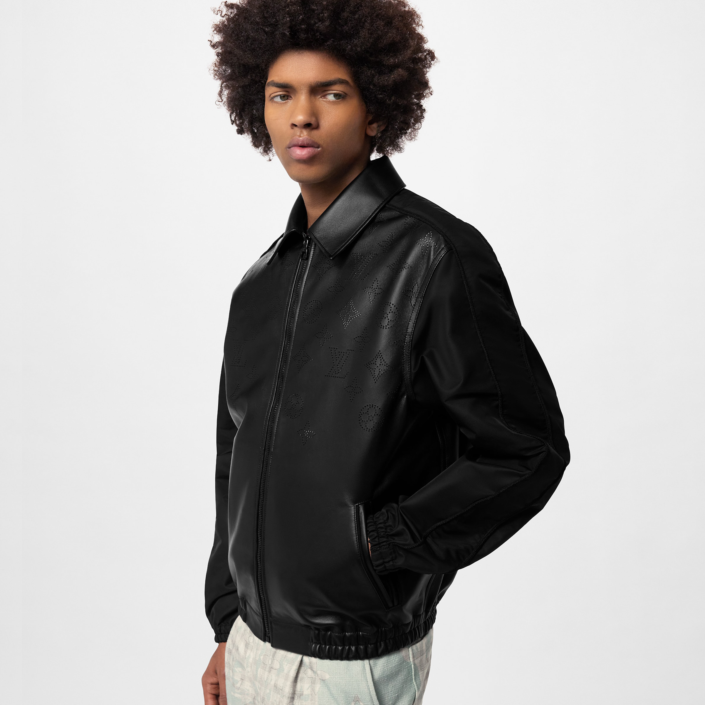 NIGO Louis Vuitton Perforated Mix Leather Blouson Men's Fall/Winter Black Zipper Long Sleeve Perforated Logo Mixed Leather Jacket #nigo98653