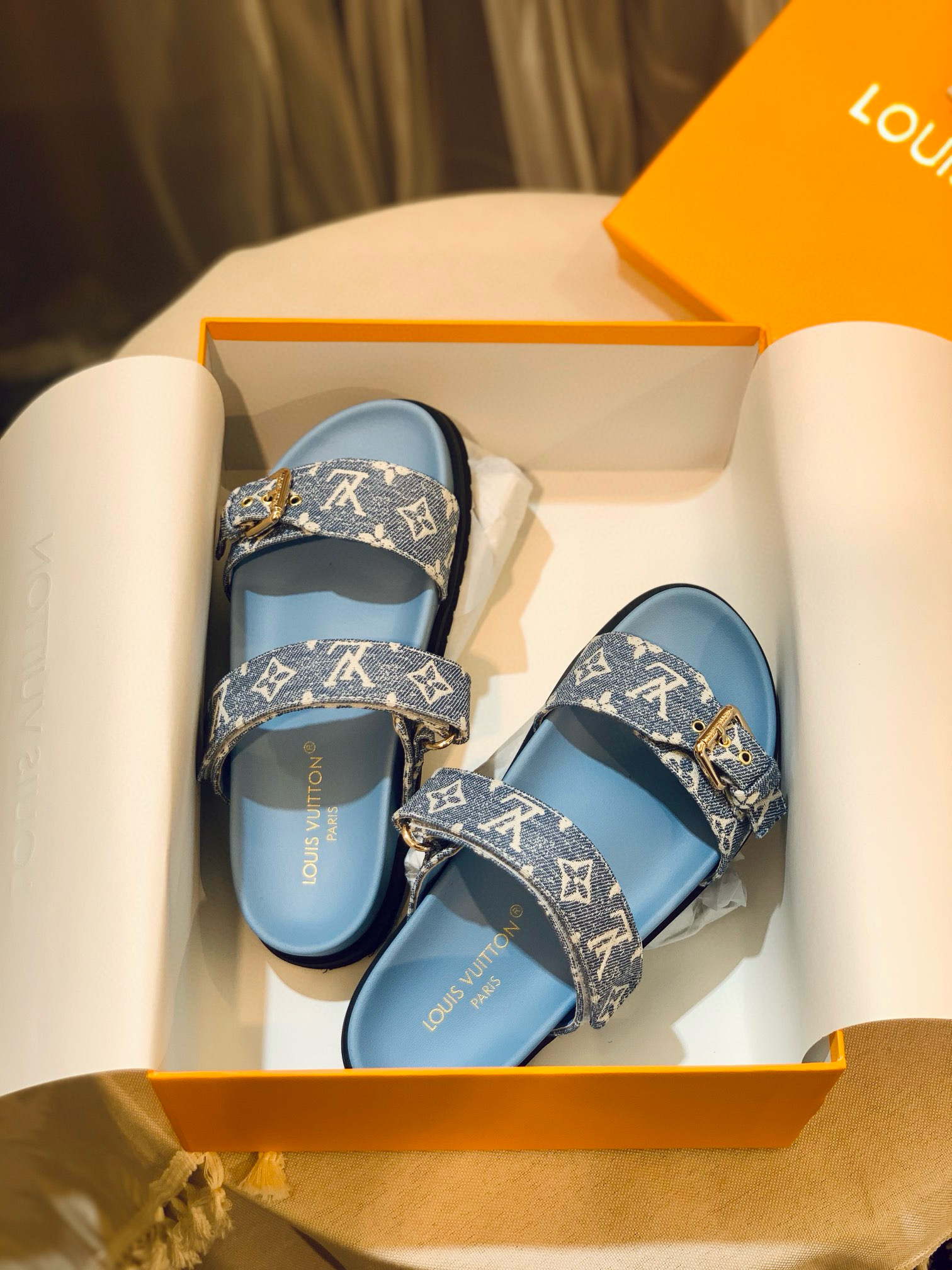 NIGO Louis Vuitton BOM DIA COMFORT Women's Summer Blue Printed Velcro Flat Sandals Mop Slippers Shoes #nigo98654