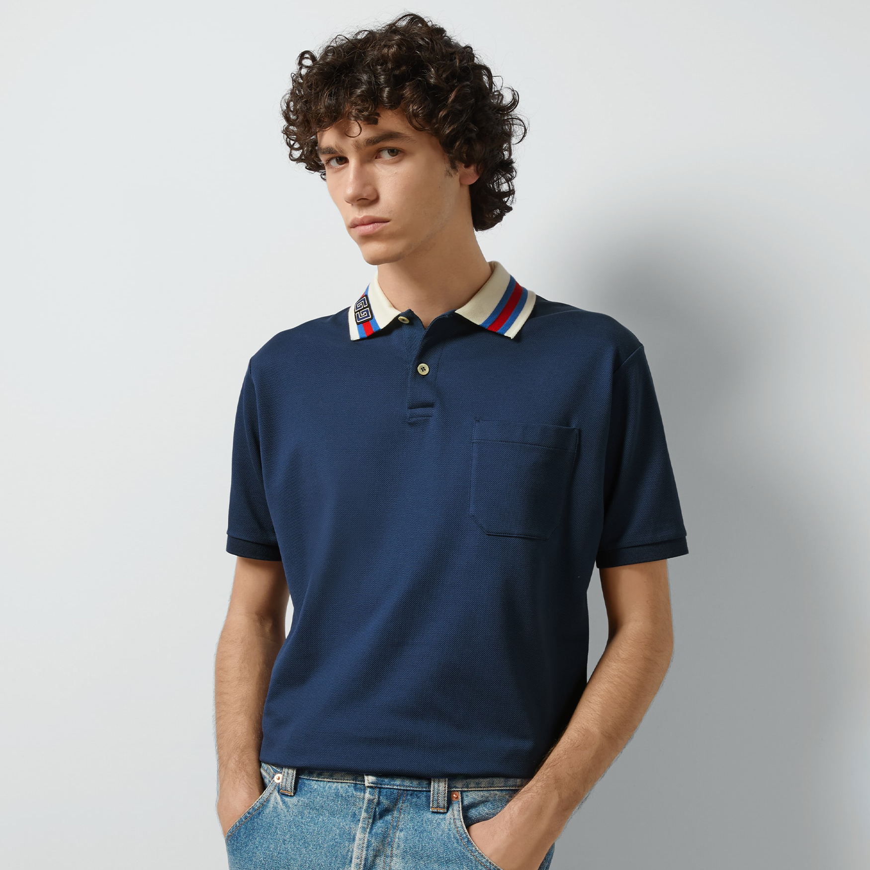 NIGO Gucci Men's Summer Blue Striped Trim Cotton Polo Neck Short Sleeve T-Shirt #nigo98686