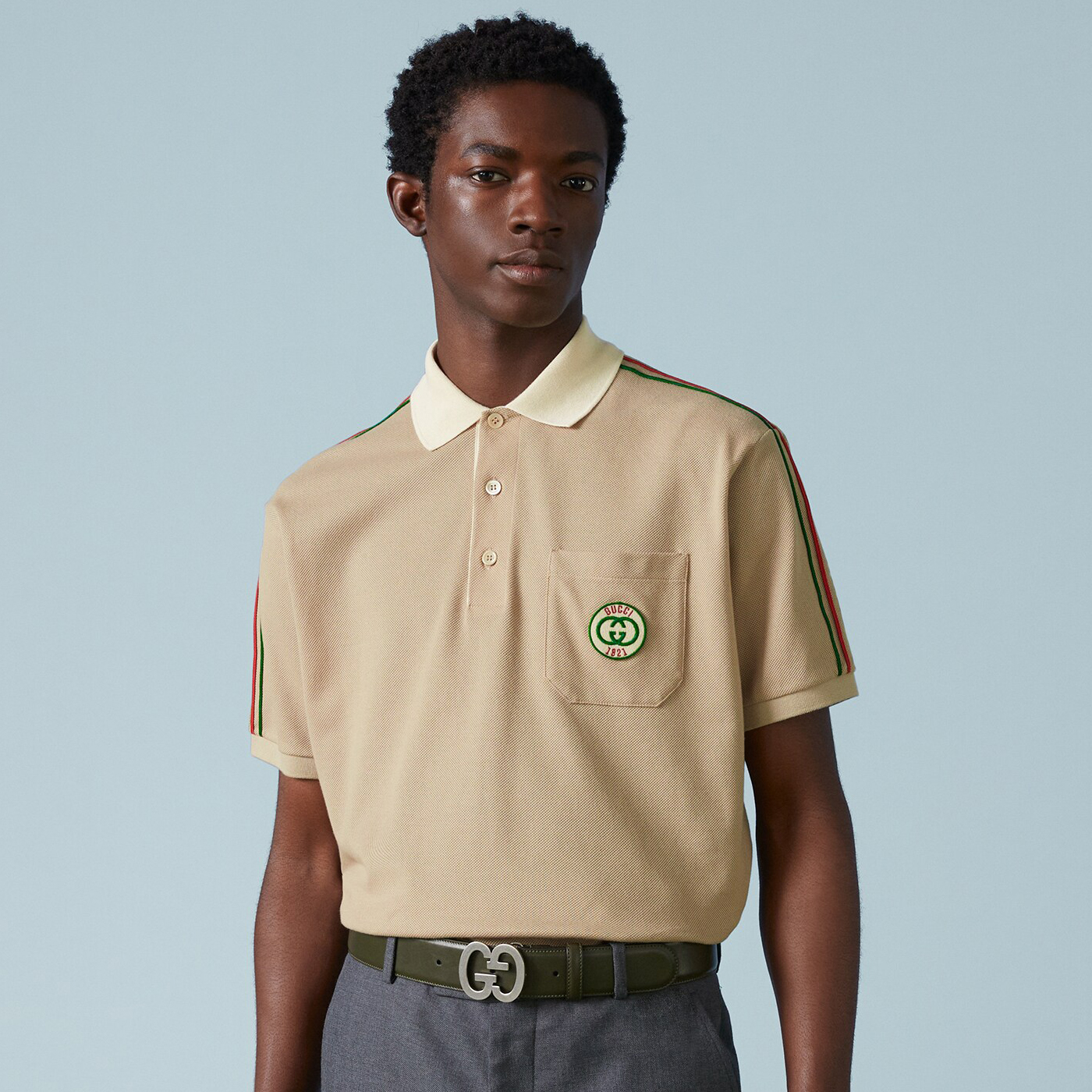 NIGO Gucci Men's Summer Khaki Striped Trim Cotton Polo Neck Short Sleeve T-Shirt #nigo98683