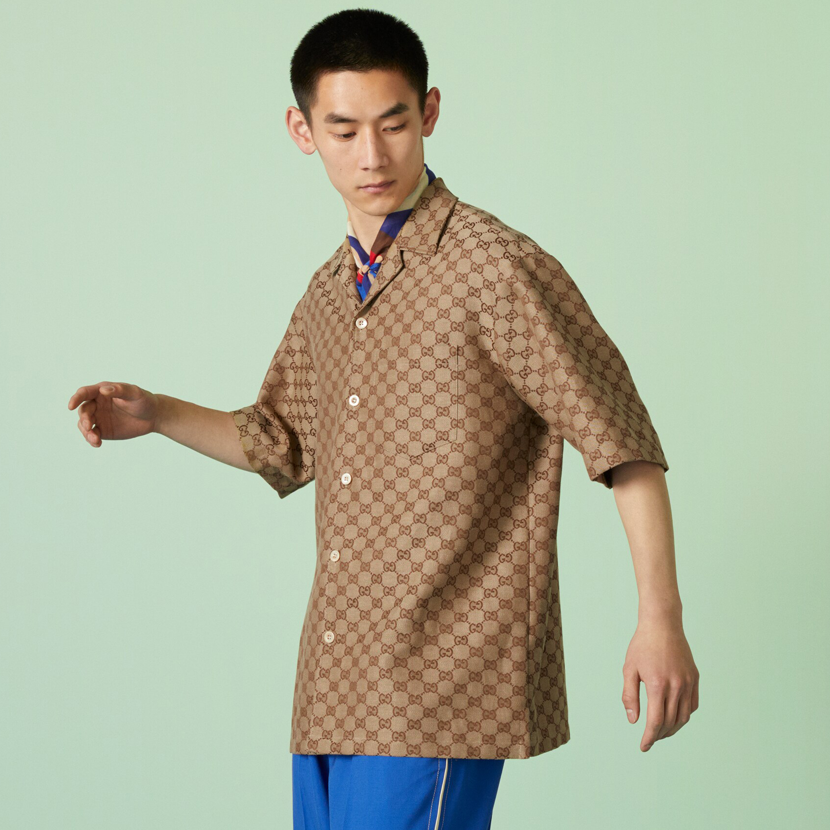 NIGO Gucci Men's Summer Brown Lapel Single Breasted Logo Printed Short Sleeve Shirt #nigo98679