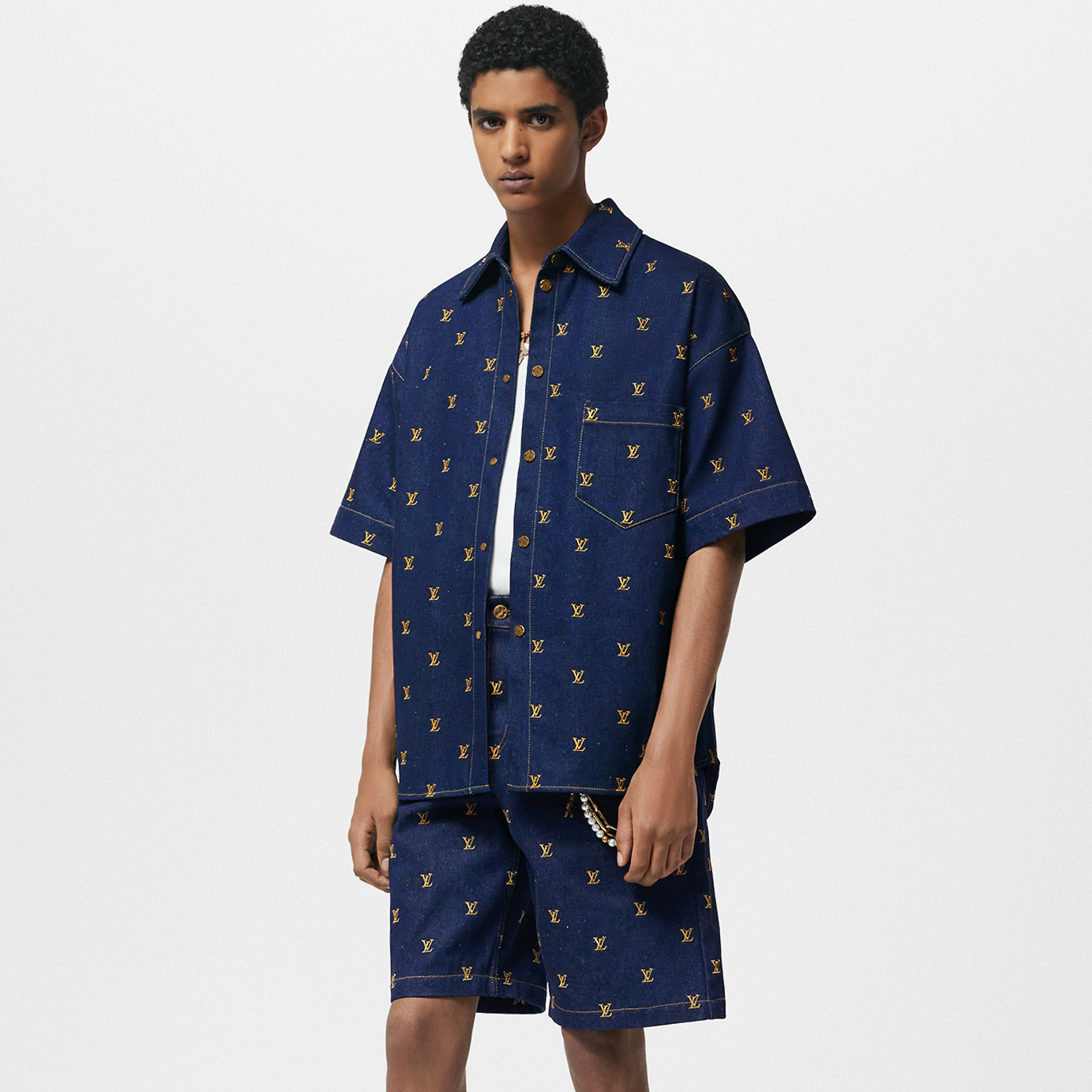 NIGO Louis Vuitton Men's Summer Logo Embroidery Blue Single Breasted Lapel Denim Short Sleeve Shirt Shorts Set Suit #nigo98741
