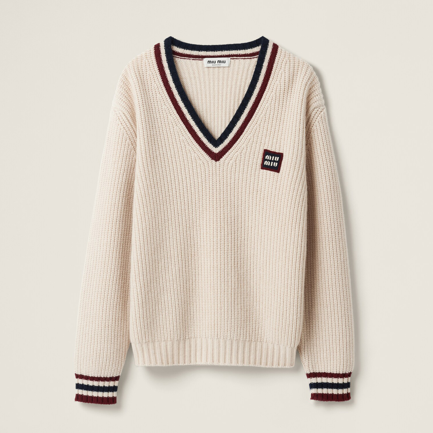 NIGO MiuMiu Women's Summer Beige Cashmere V-Neck Long Sleeve Knit Sweater Pullover #nigo98693