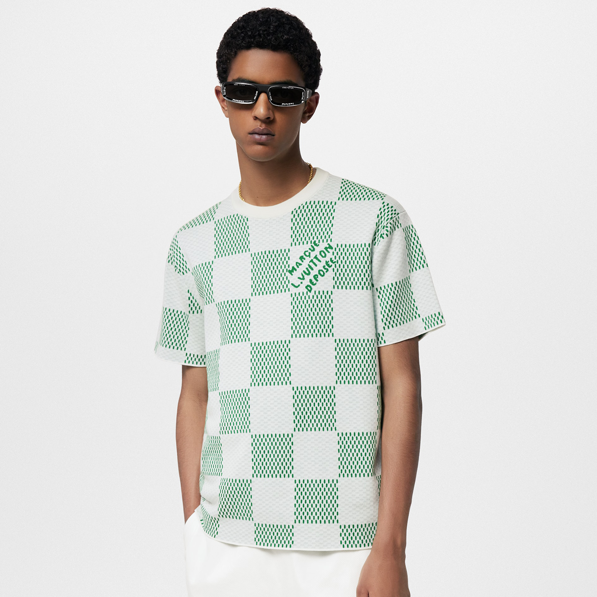 NIGO Louis Vuitton Men's Summer White Green Plaid Pattern Round Neck Cotton Short Sleeve T-Shirt #nigo98739