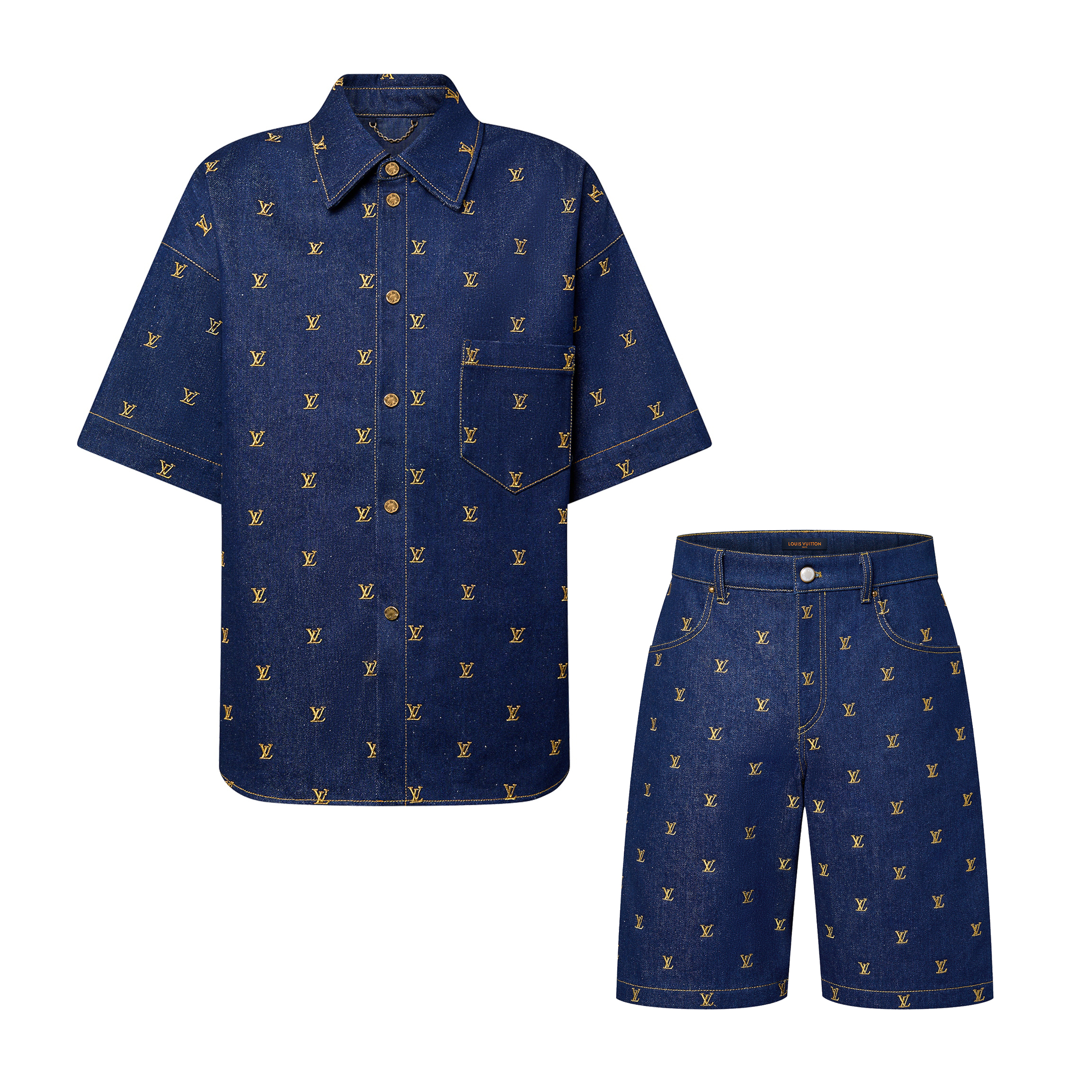 NIGO Louis Vuitton Men's Summer Logo Embroidery Blue Single Breasted Lapel Denim Short Sleeve Shirt Shorts Set Suit #nigo98741