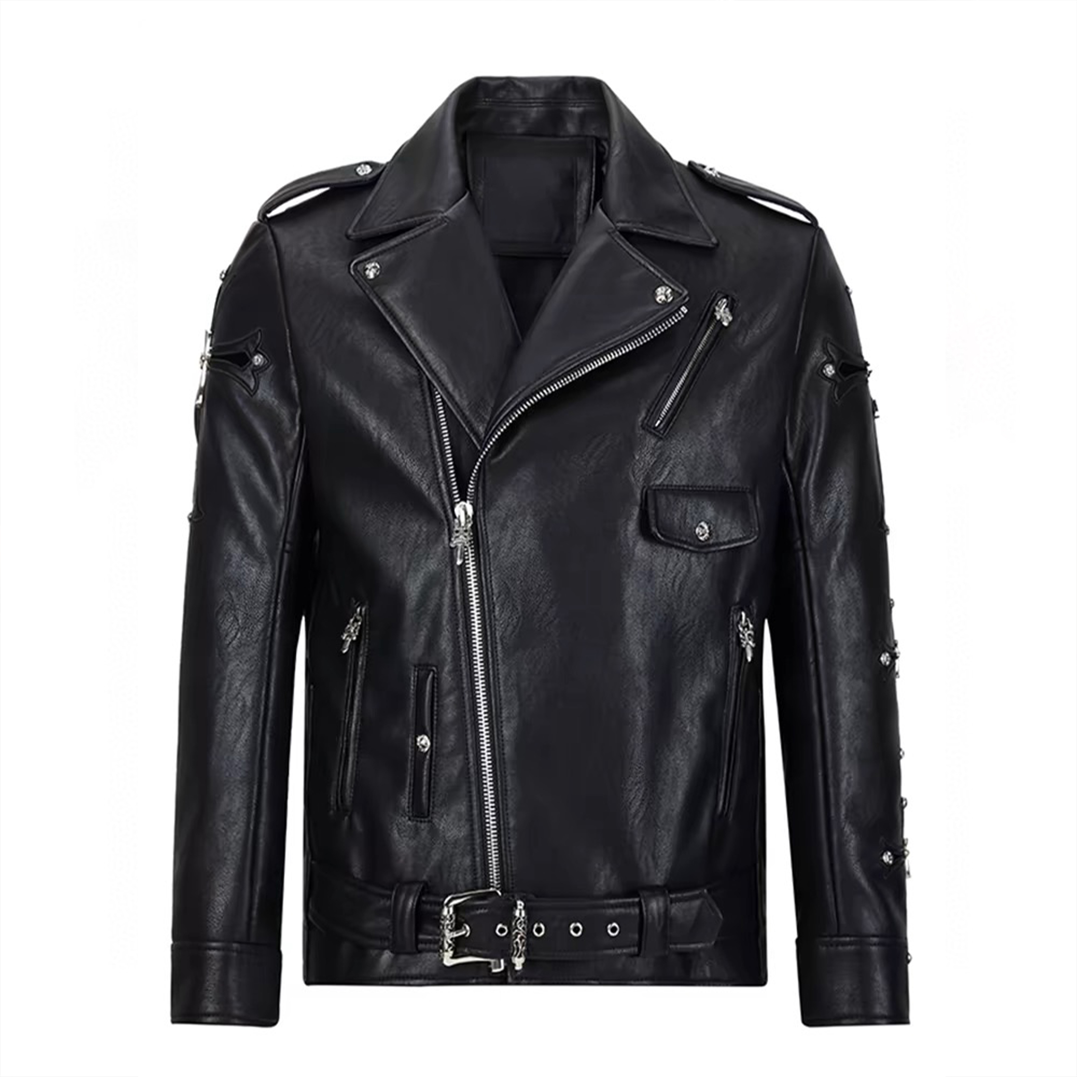 NIGO Chrome Hearts Men's Spring And Autumn Black Lapel Zipper Long Sleeve Fitted Cross Leather Coat Jacket #nigo98699