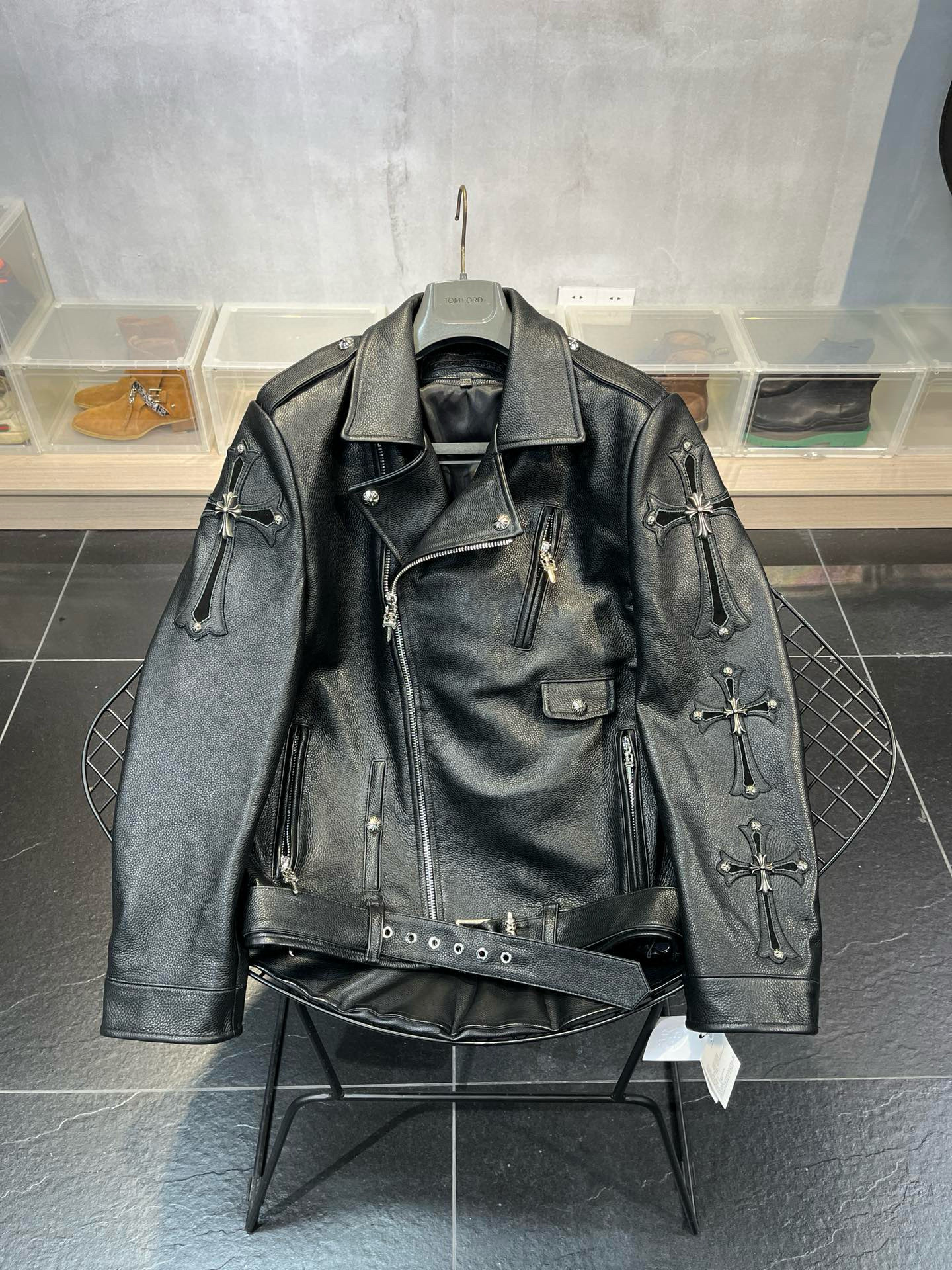 NIGO Chrome Hearts Men's Spring And Autumn Black Lapel Zipper Long Sleeve Fitted Cross Leather Coat Jacket #nigo98699