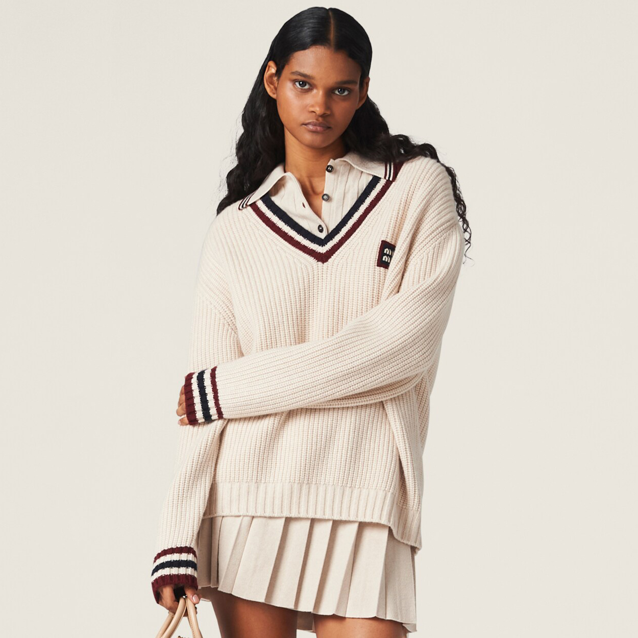 NIGO MiuMiu Women's Summer Beige Cashmere V-Neck Long Sleeve Knit Sweater Pullover #nigo98693