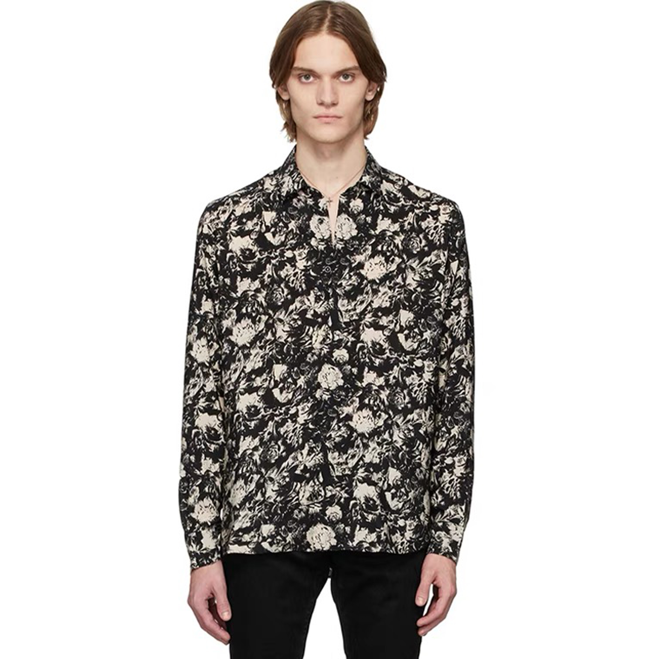 NIGO Saint Laurent Men's Spring And Fall French Rose Print Single-Breasted Lapel Loose Casual Long-Sleeved Silk Shirt Ngvp #nigo7986