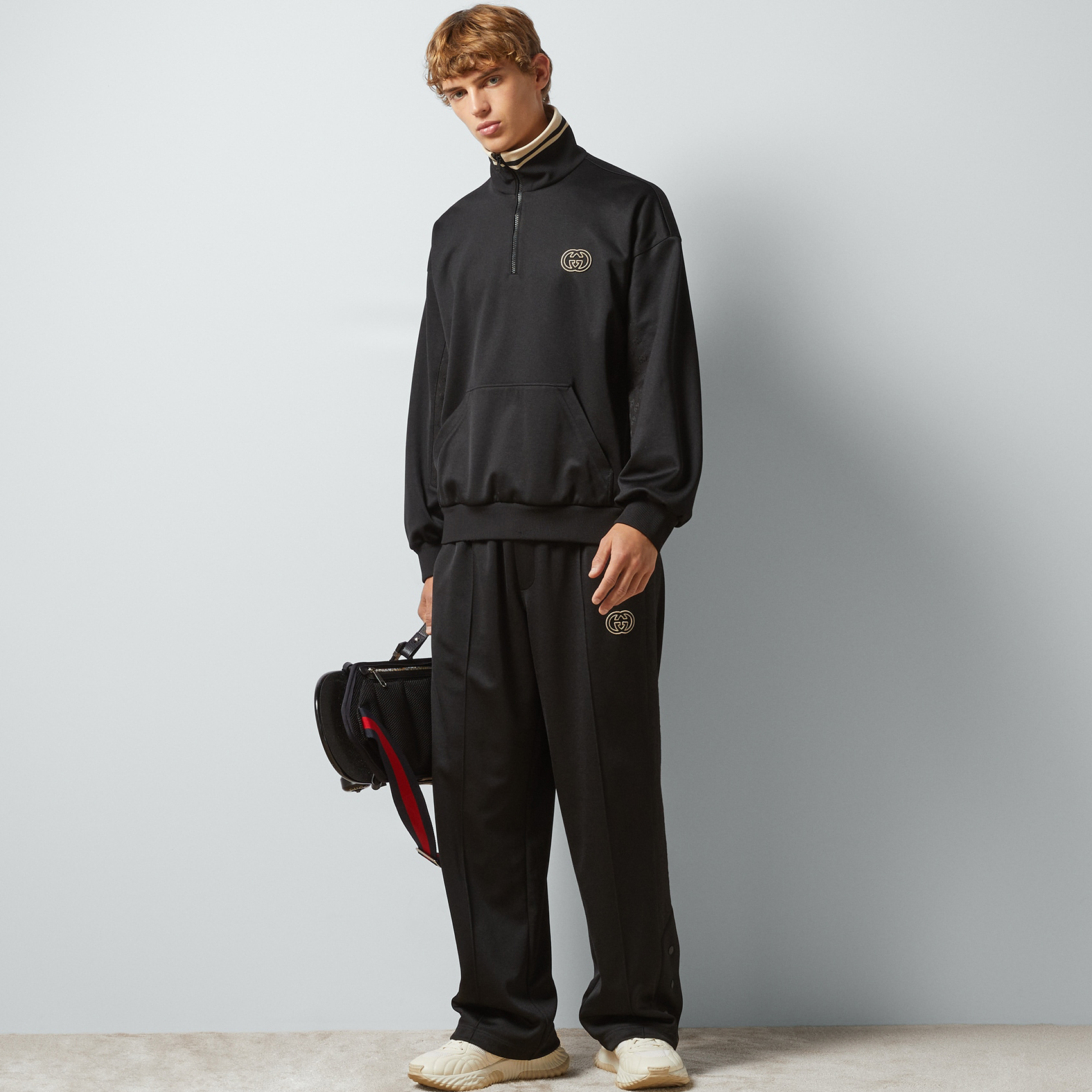 NIGO Gucci Men's Spring and Autumn Black Logo Embroidery Zipper Standing Collar Long Sleeve Jacket Elastic Knit Sweatpants Pants Suit Set #nigo98786
