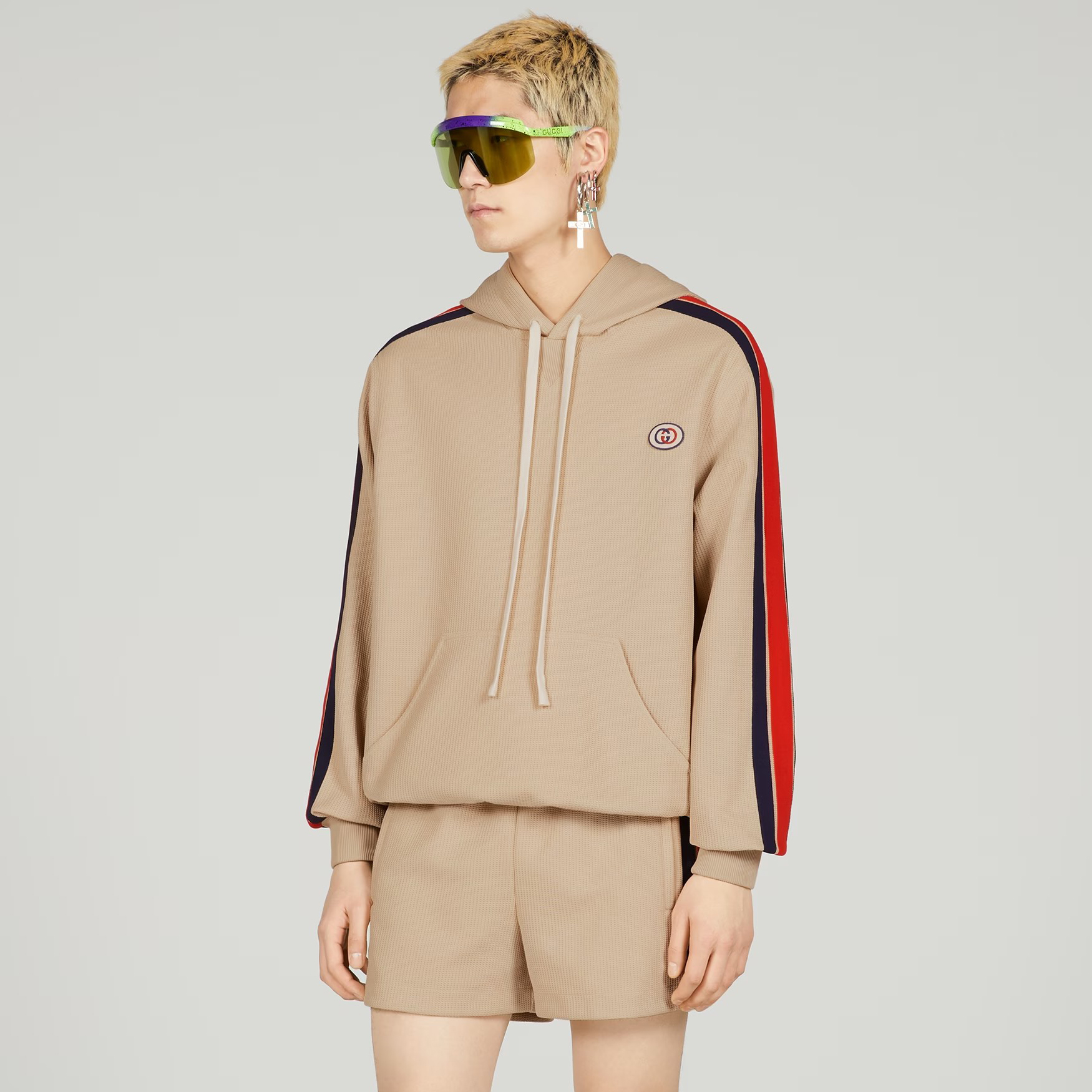 NIGO Gucci Men's Summer Striped Logo Print Hooded Sweatshirt Pullover Tie High Waisted Shorts Set Suit #nigo98813