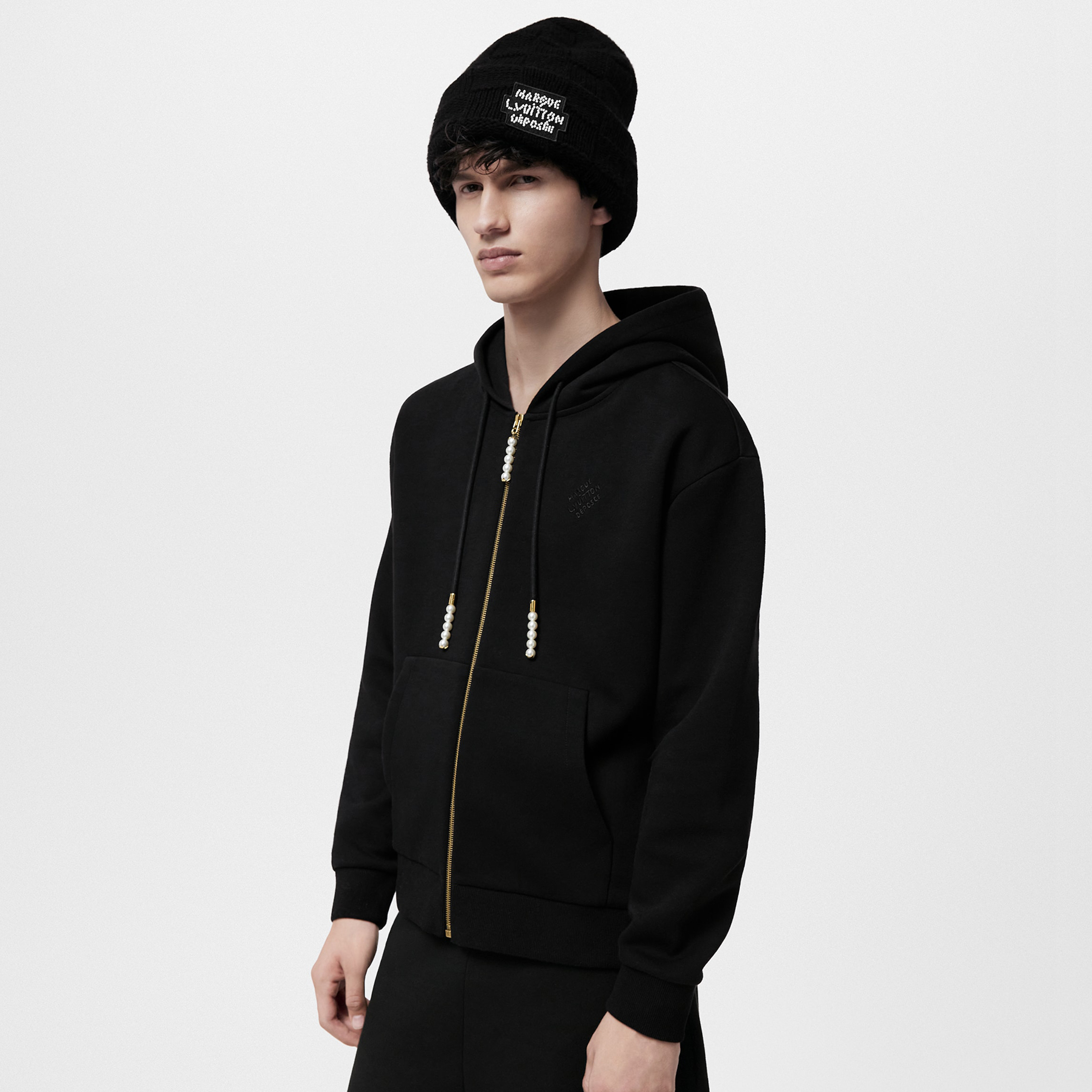NIGO Louis Vuitton Men's Spring and Fall Pearl Pendant Black Embroidery Knit Zipper Hooded Jacket #nigo98798