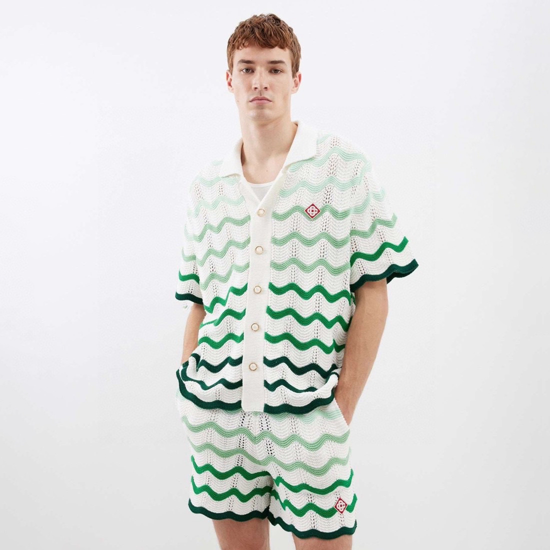 NIGO Casablanca Men's Summer Wave Stripe Single Breasted Knit Short Sleeve Shirt Cotton Shorts Pants Suit Set #nigo98831