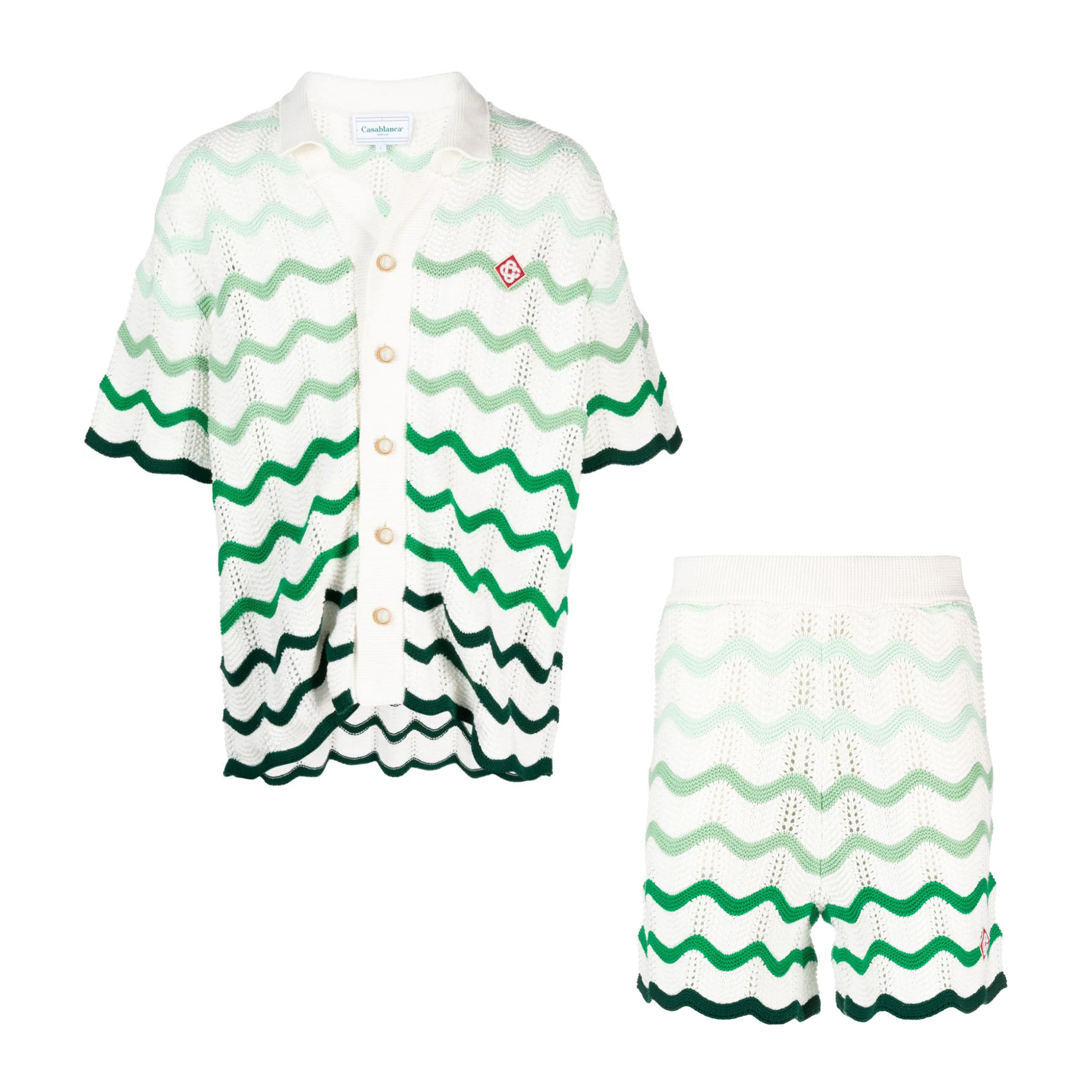 NIGO Casablanca Men's Summer Wave Stripe Single Breasted Knit Short Sleeve Shirt Cotton Shorts Pants Suit Set #nigo98831