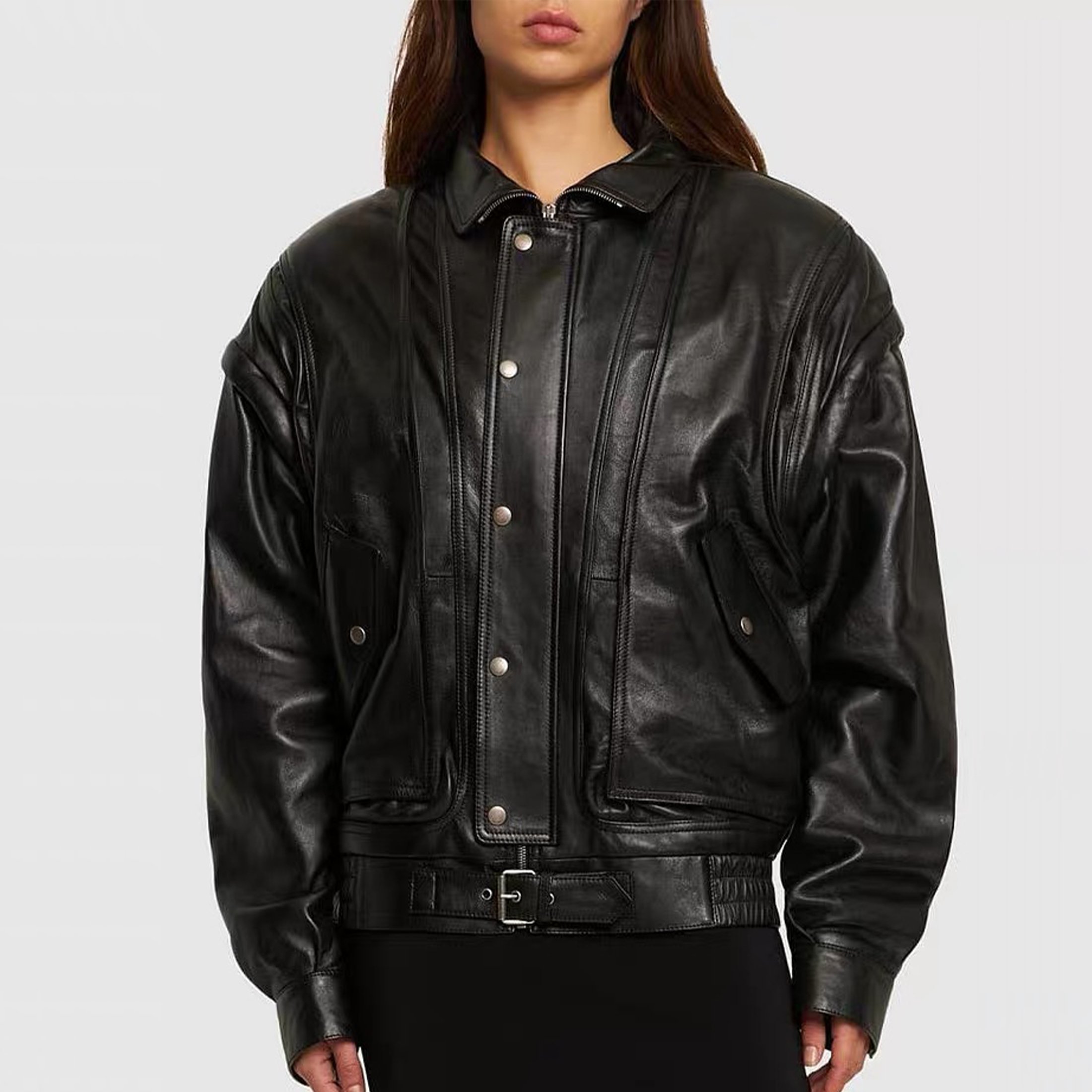 NIGO Saint Laurent Women's Spring And Autumn Fashion Standing Collar Detachable Sleeves Black Oversized Lambskin Jacket Ngvp #nigo8132