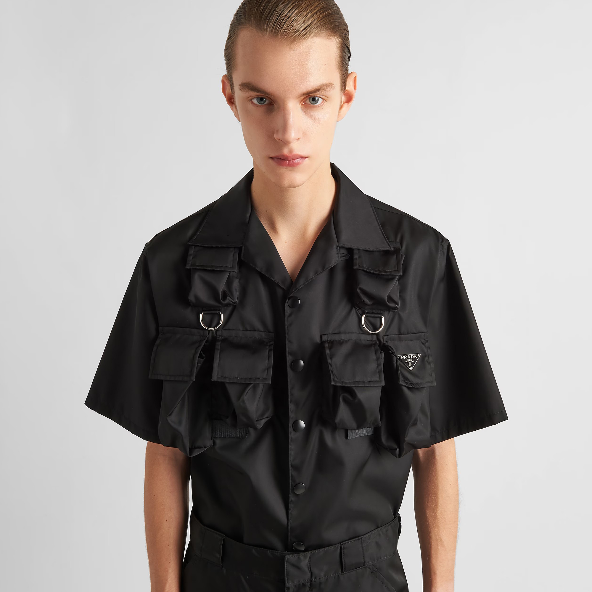 NIGO Prada Men's Black Gold Triangle Logo Multi-Pocket Single Breasted Casual Short Sleeve Shirt #nigo98829