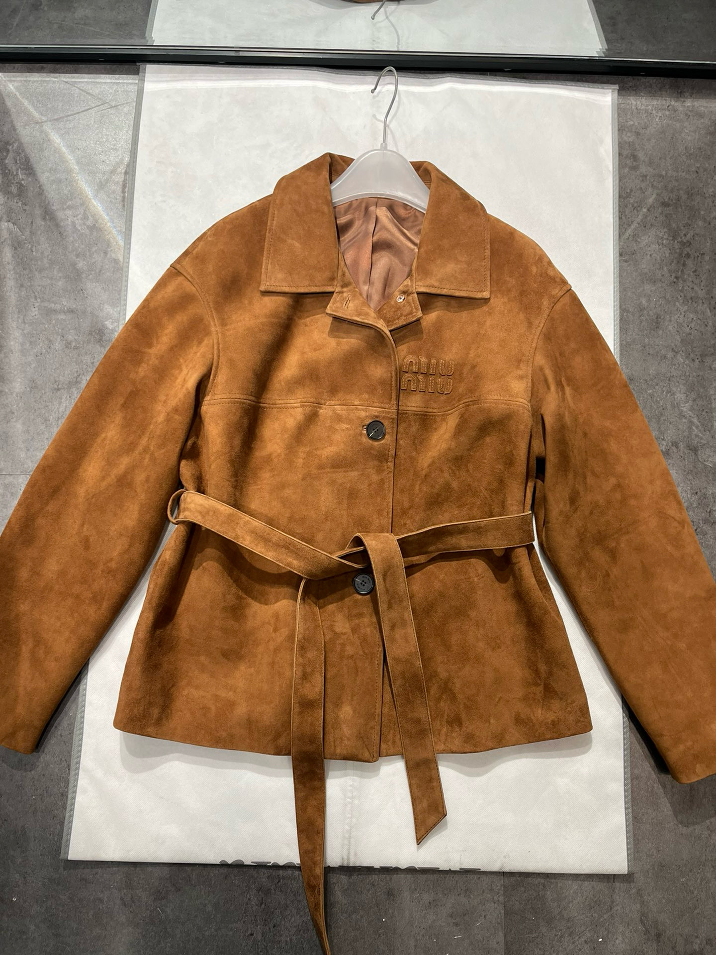 NIGO MiuMiu Women's Fall/Winter Brown Embossed Logo Lapel Suede Long Sleeve Jacket #nigo98838