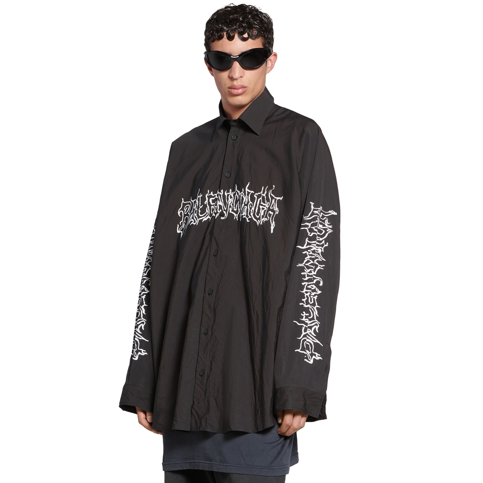 NIGO Men's Spring Summer DIY Metal Outline Engineered Black Cotton Poplin Large Silhouette Single Breasted Long Sleeve Shirt #nigo98843