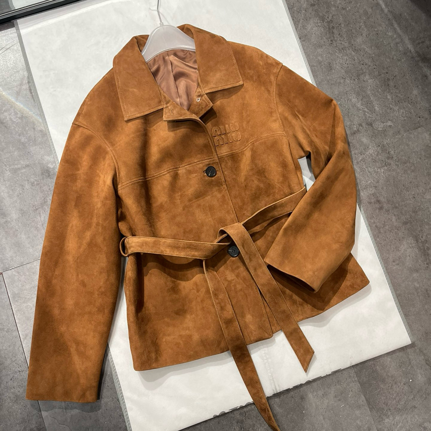 NIGO MiuMiu Women's Fall/Winter Brown Embossed Logo Lapel Suede Long Sleeve Jacket #nigo98838