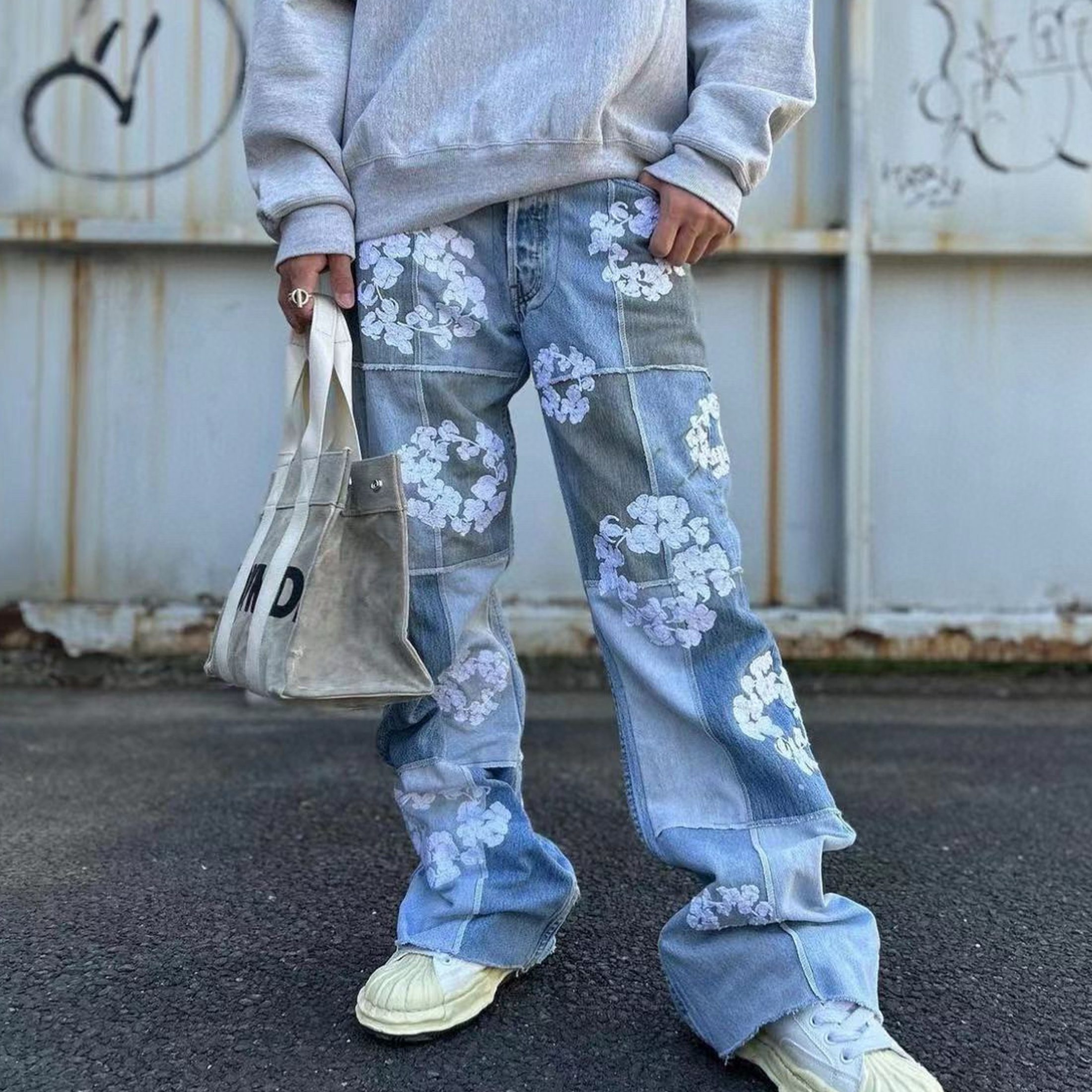 NIGO Denim Tears x Readymade Men's Women's Washed And Aged Floral Embroidery Patchwork Fitted Wide Leg Blue Denim Pants Ngvp #nigo8138