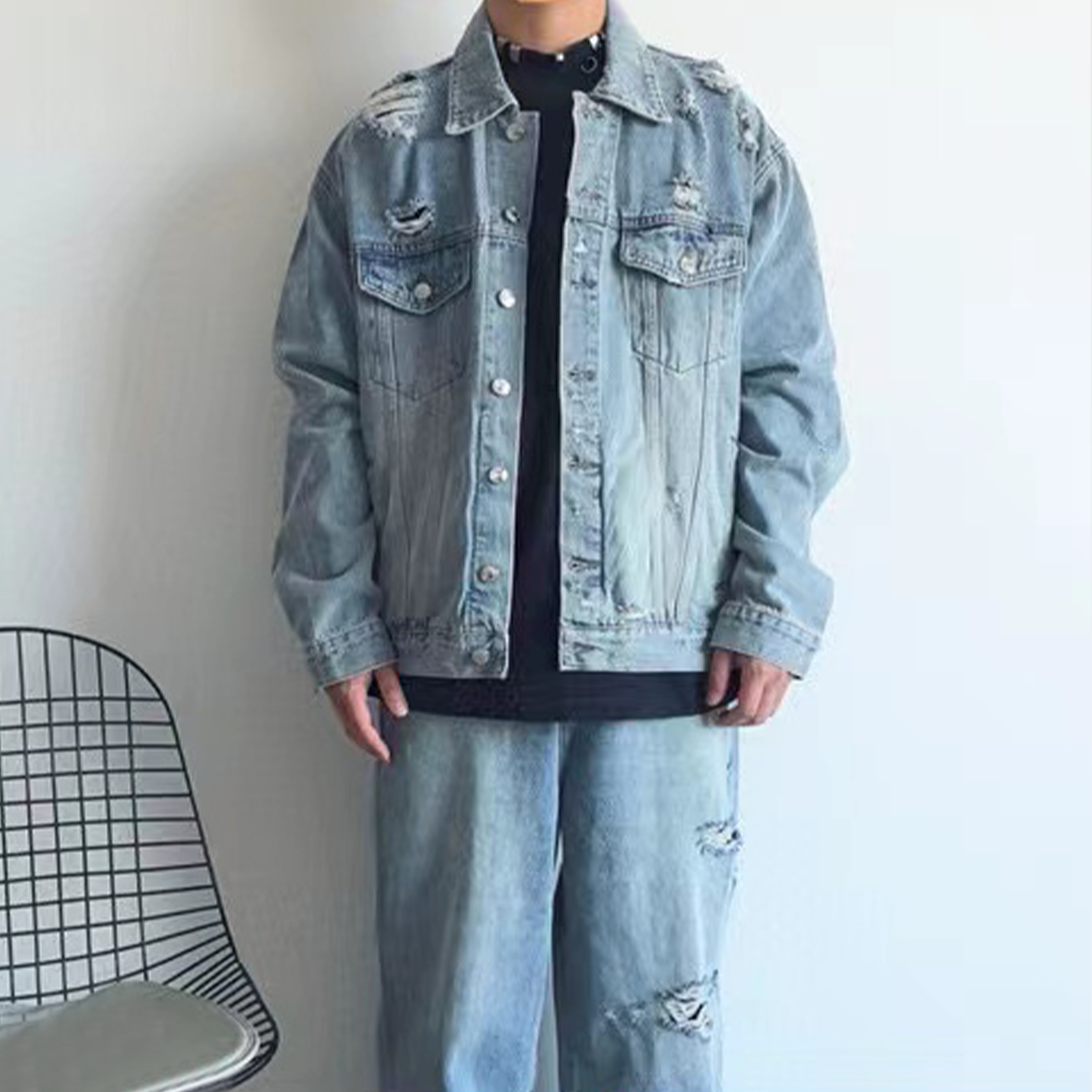 NIGO Balenciaga Men's Spring And Fall Cotton Blue Washed Hole Loose Long-Sleeved Denim Jacket Casual Pants Ngvp #nigo8143