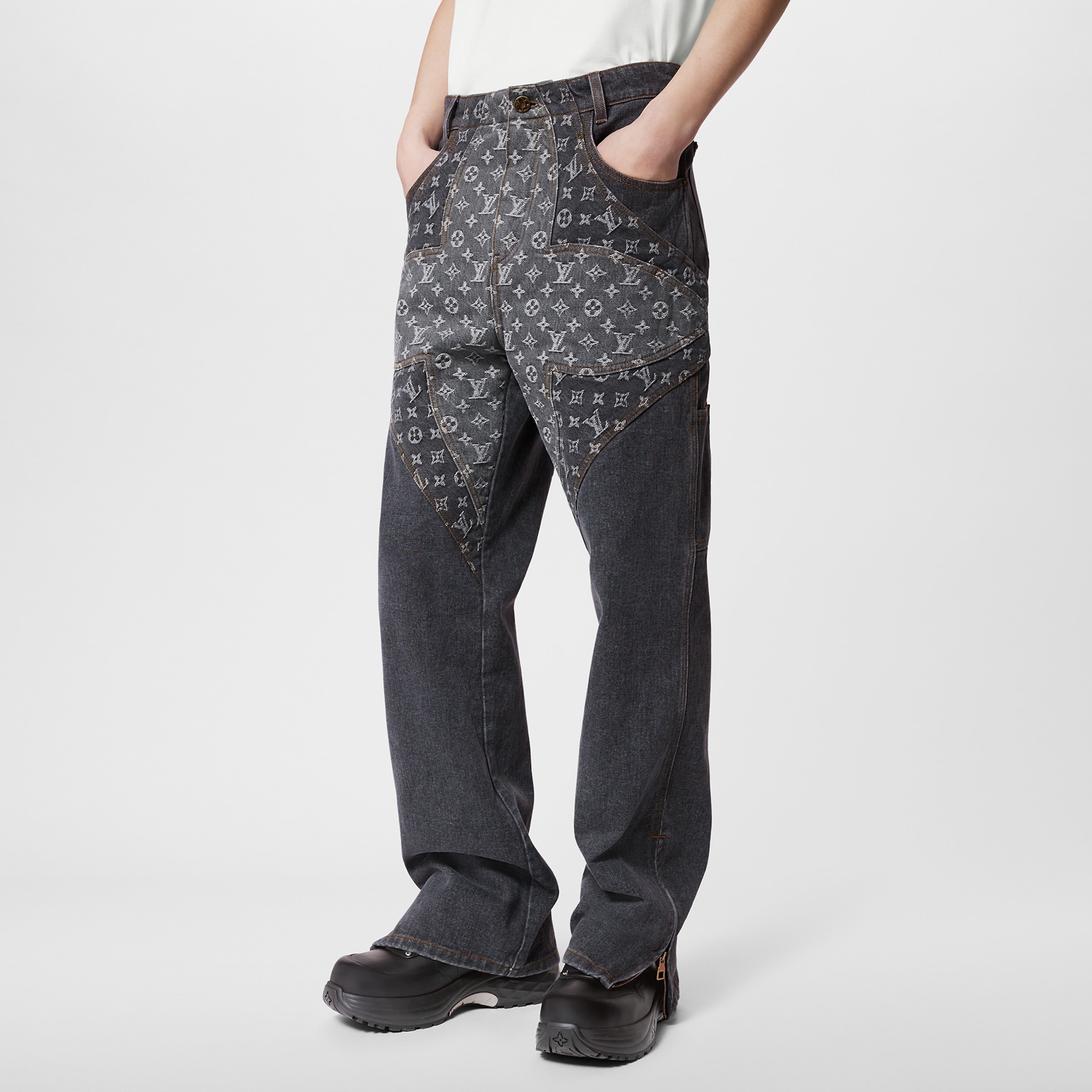NIGO Louis Vuitton Monogram Flower Denim Pants Men's Black Logo Letter Print Irregular Fit Jeans #nigo98869
