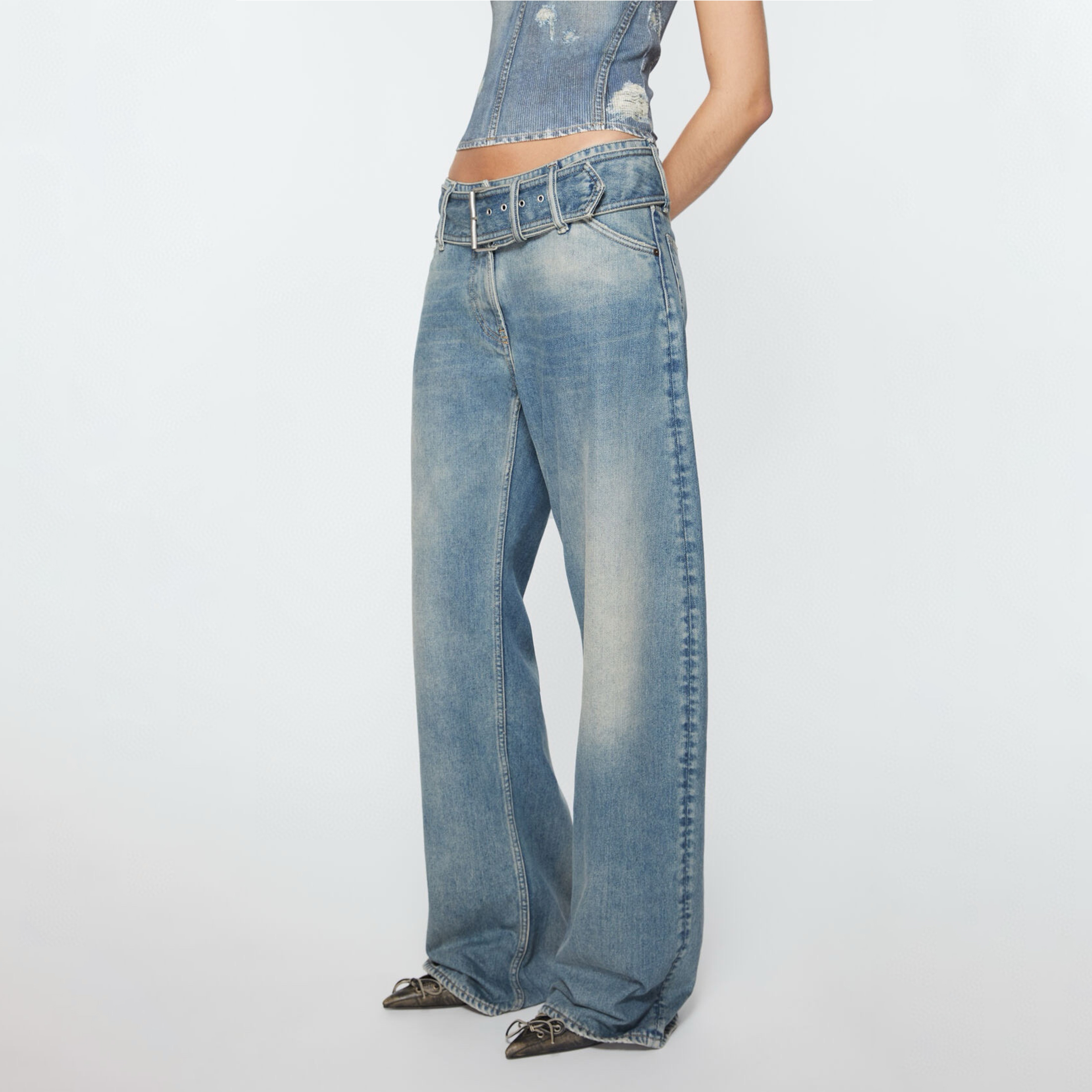 NIGO Acne Studios Women's Four Seasons Fashion Solid Color Mid Waist Vintage Washed Denim Belted Trousers Ngvp #nigo8128