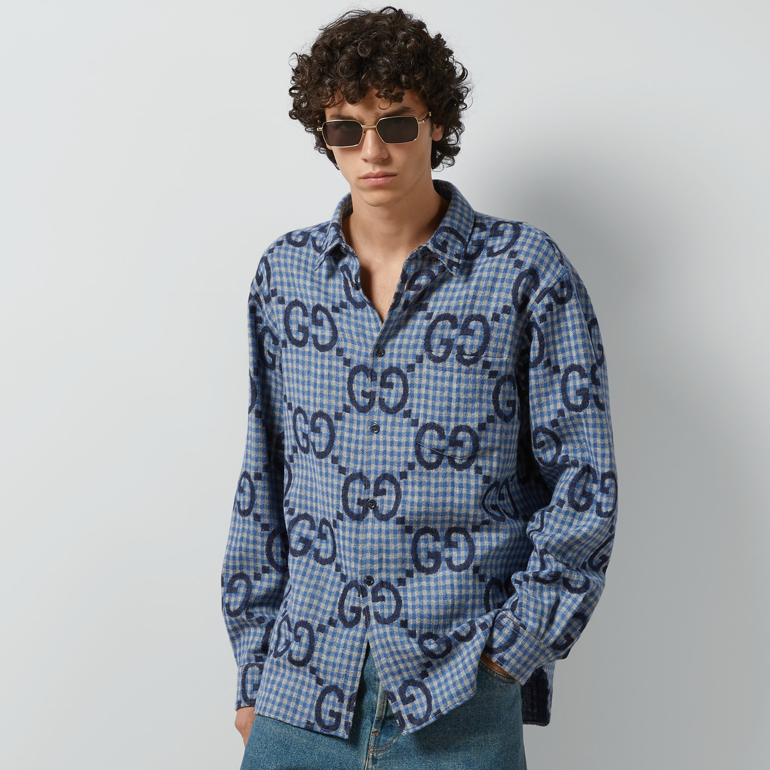 NIGO Gucci Men's Spring and Autumn Blue Letter Printed Single Breasted Long Sleeve Lapel Shirt #nigo98873