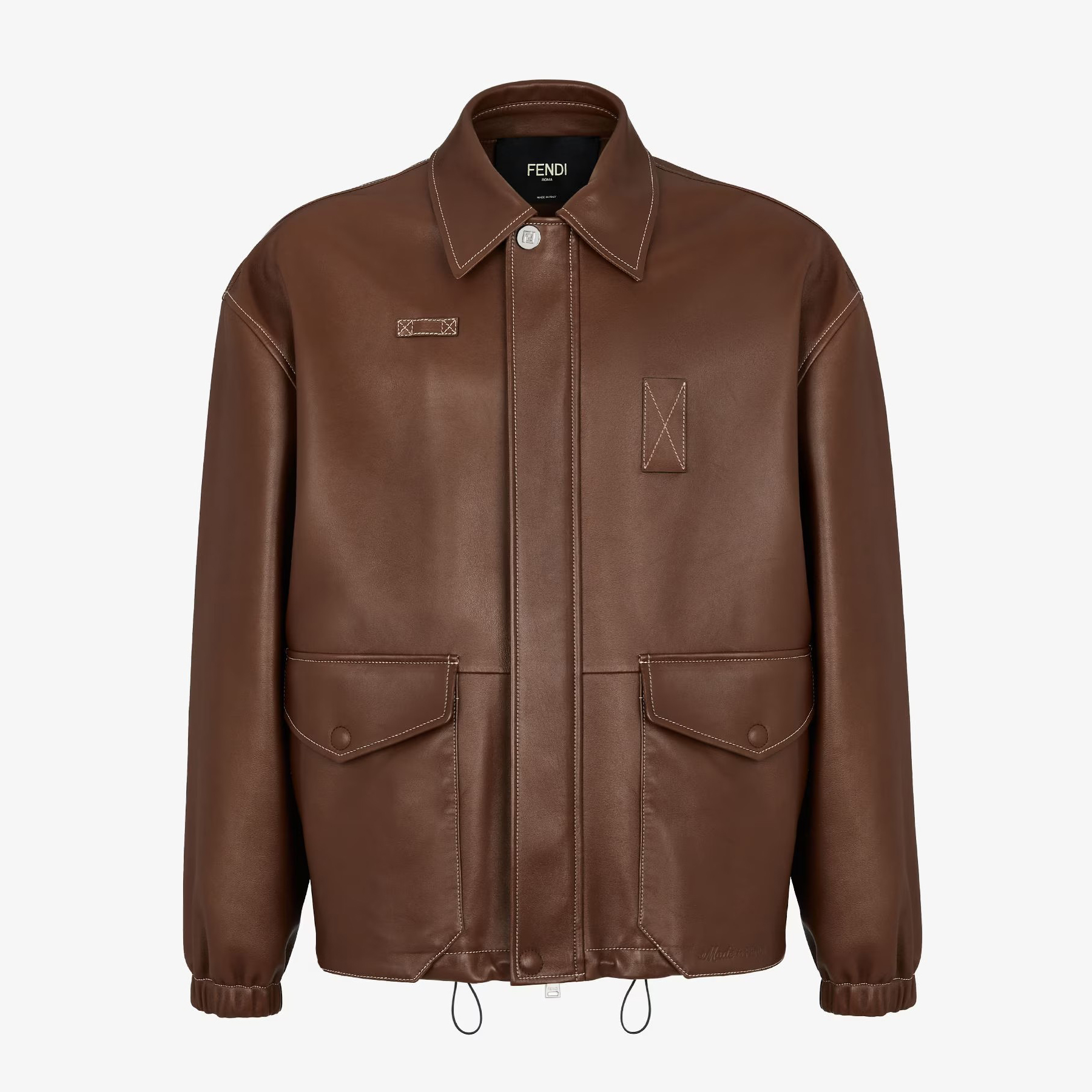 NIGO Fendi Men's Autumn and Winter Brown Lapel Zipper Loose Long Sleeve Leather Jacket #nigo98884