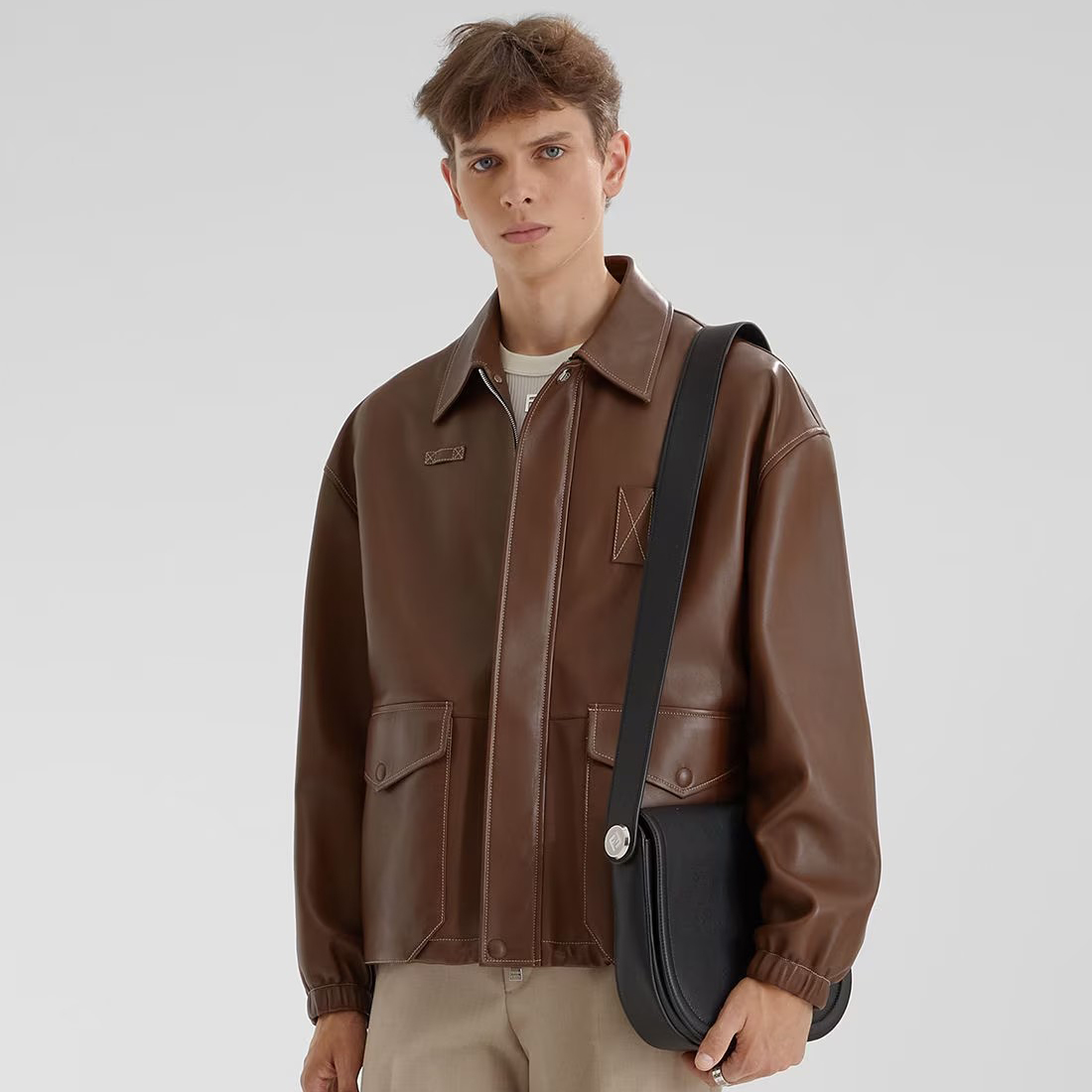 NIGO Fendi Men's Autumn and Winter Brown Lapel Zipper Loose Long Sleeve Leather Jacket #nigo98884
