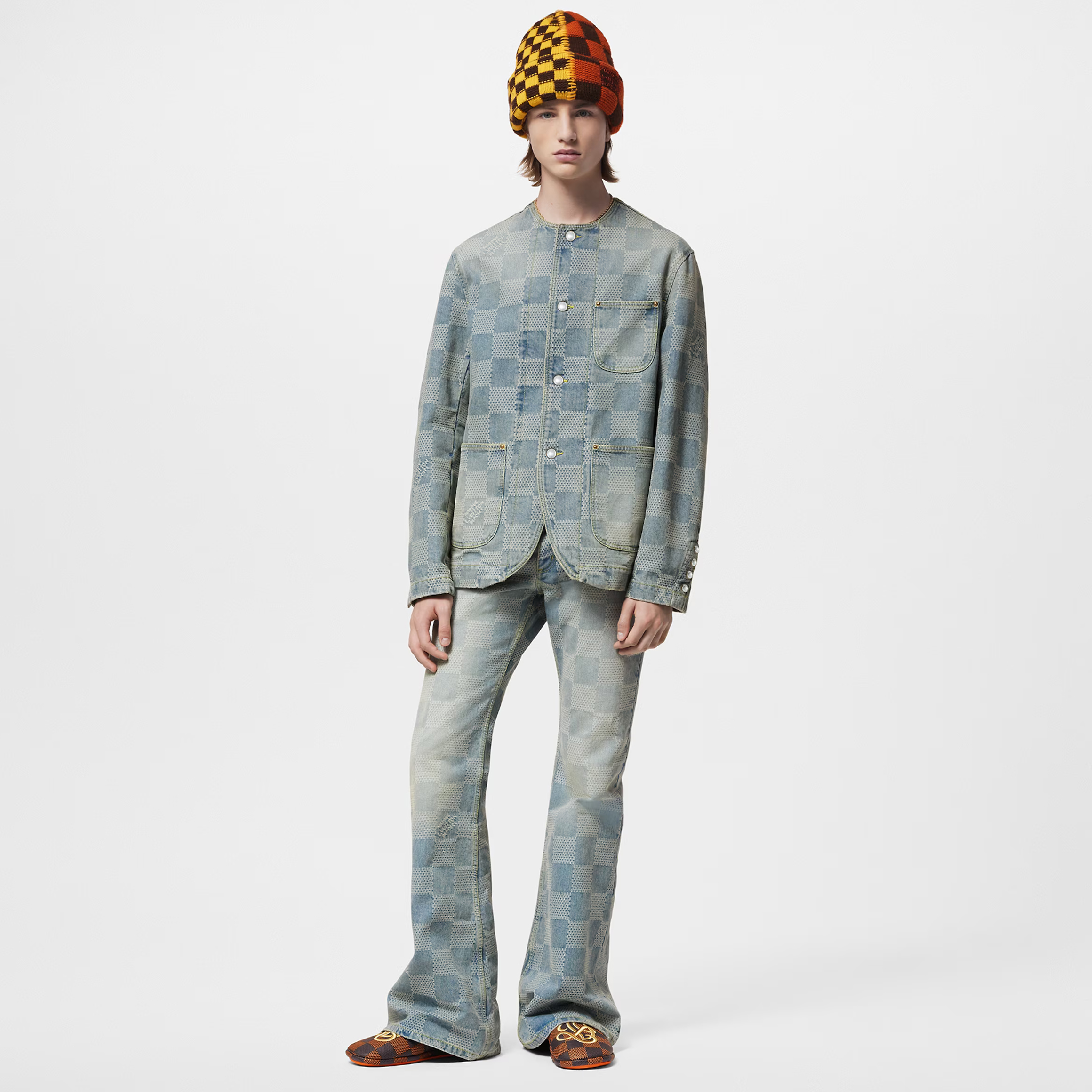 NIGO Louis Vuitton Men's Spring And Fall Fashion Plaid Denim Suit Gradient Wash Vintage Round Neck Jacket Casual Flared Pants Ngvp #nigo8155