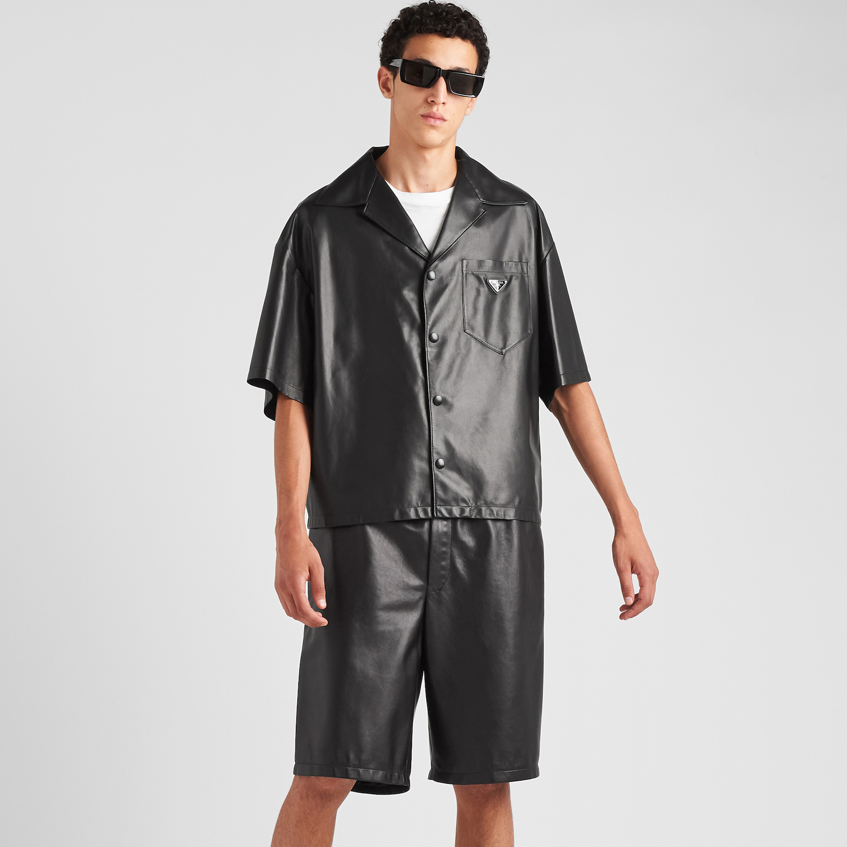 NIGO Prada Men's Summer Solid Color Leather Single Breasted Short Sleeve Shirt Stretch Shorts Set Suit #nigo98895