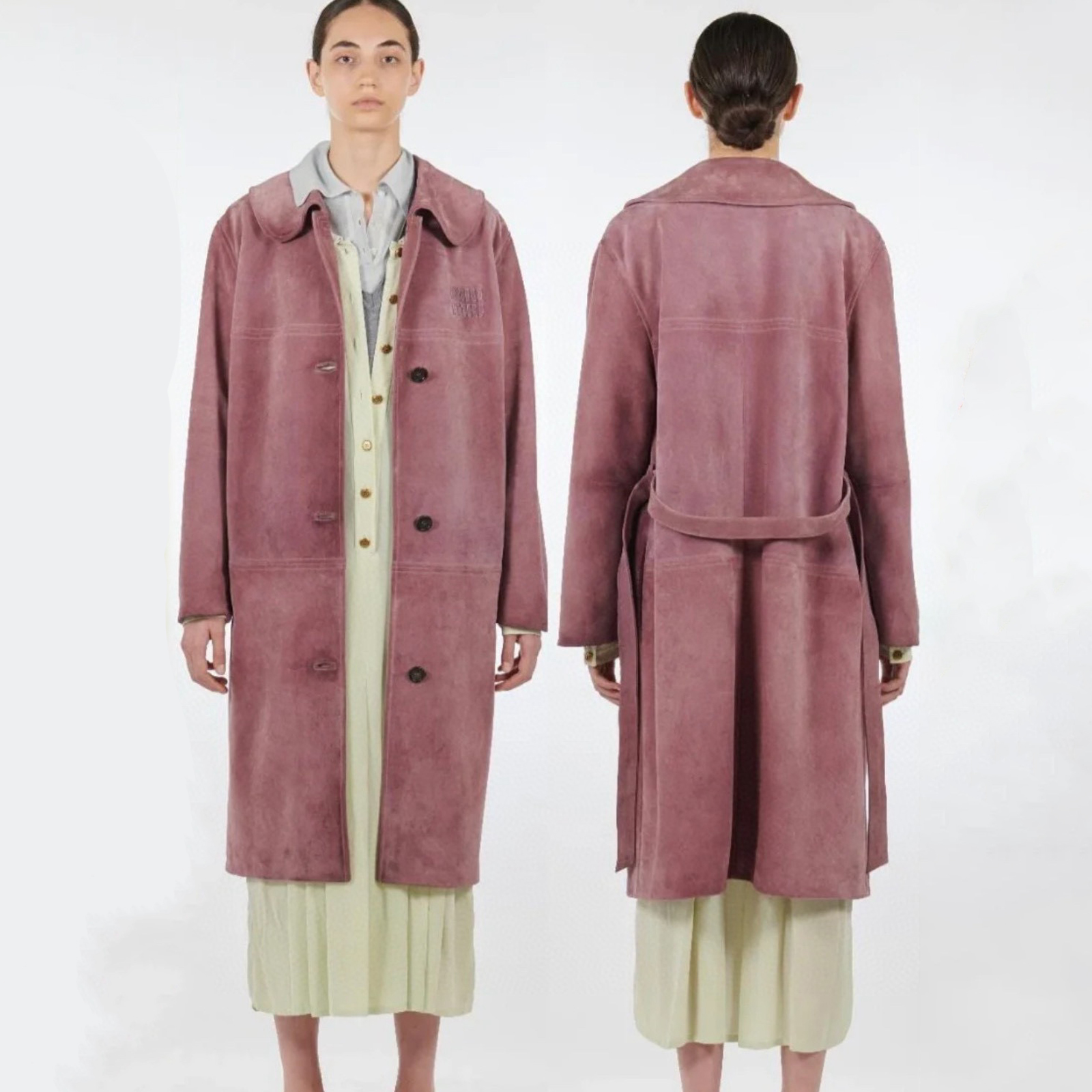 NIGO MiuMiu Women's Autumn and Winter Suede Pink Single Breasted Tie Waist Long Coat Jacket #nigo98877