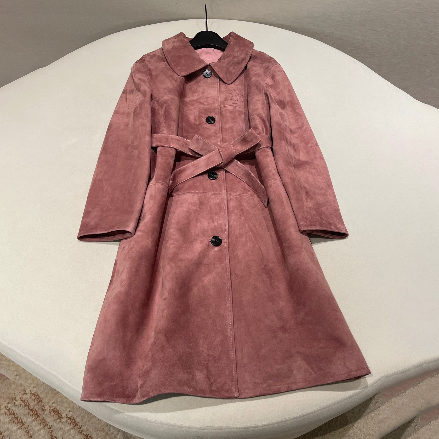NIGO MiuMiu Women's Autumn and Winter Suede Pink Single Breasted Tie Waist Long Coat Jacket #nigo98877