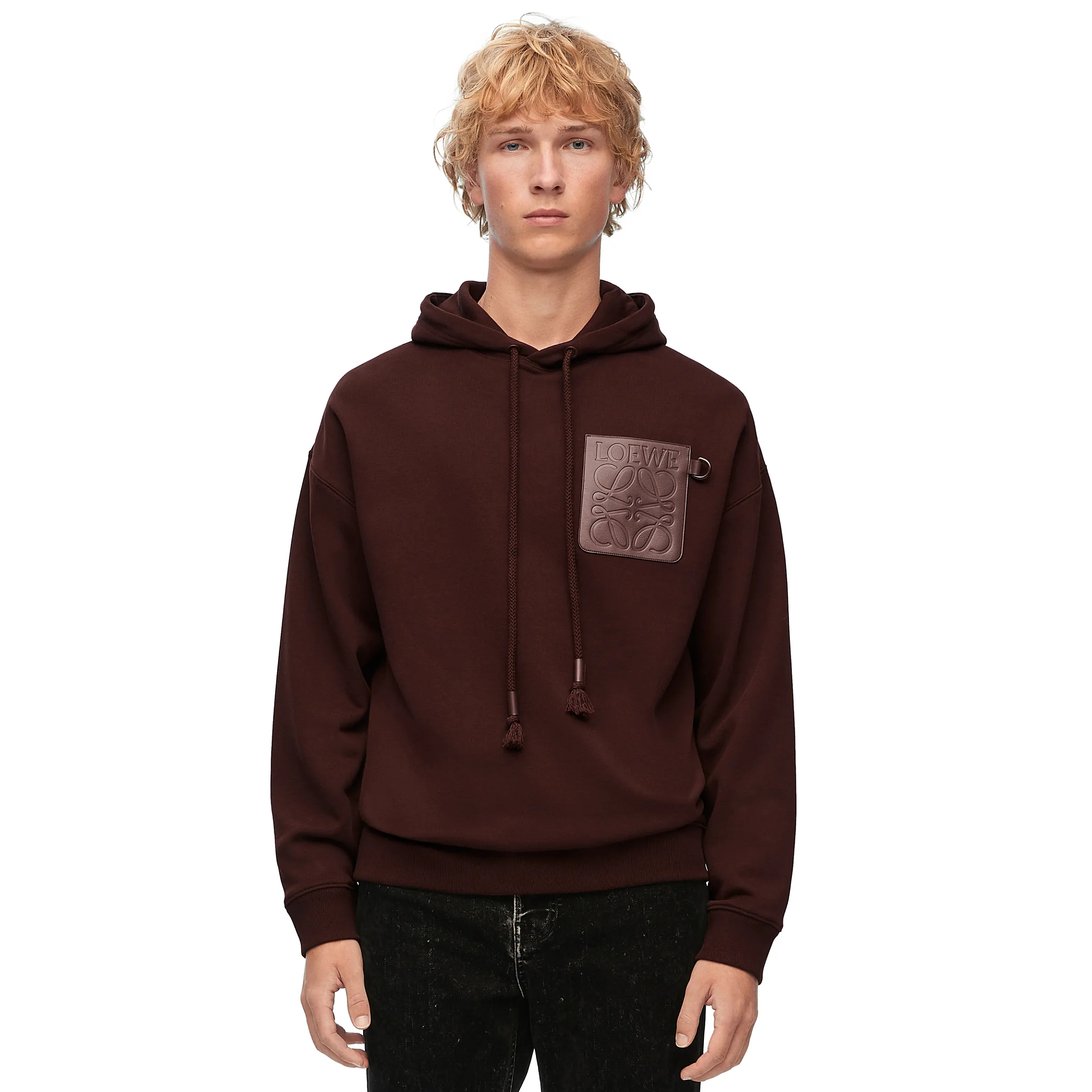 NIGO Loewe Men's Spring & Autumn Solid Color Logo Leather Label Drawstring Hooded Sweatshirt Pullover #nigo98912