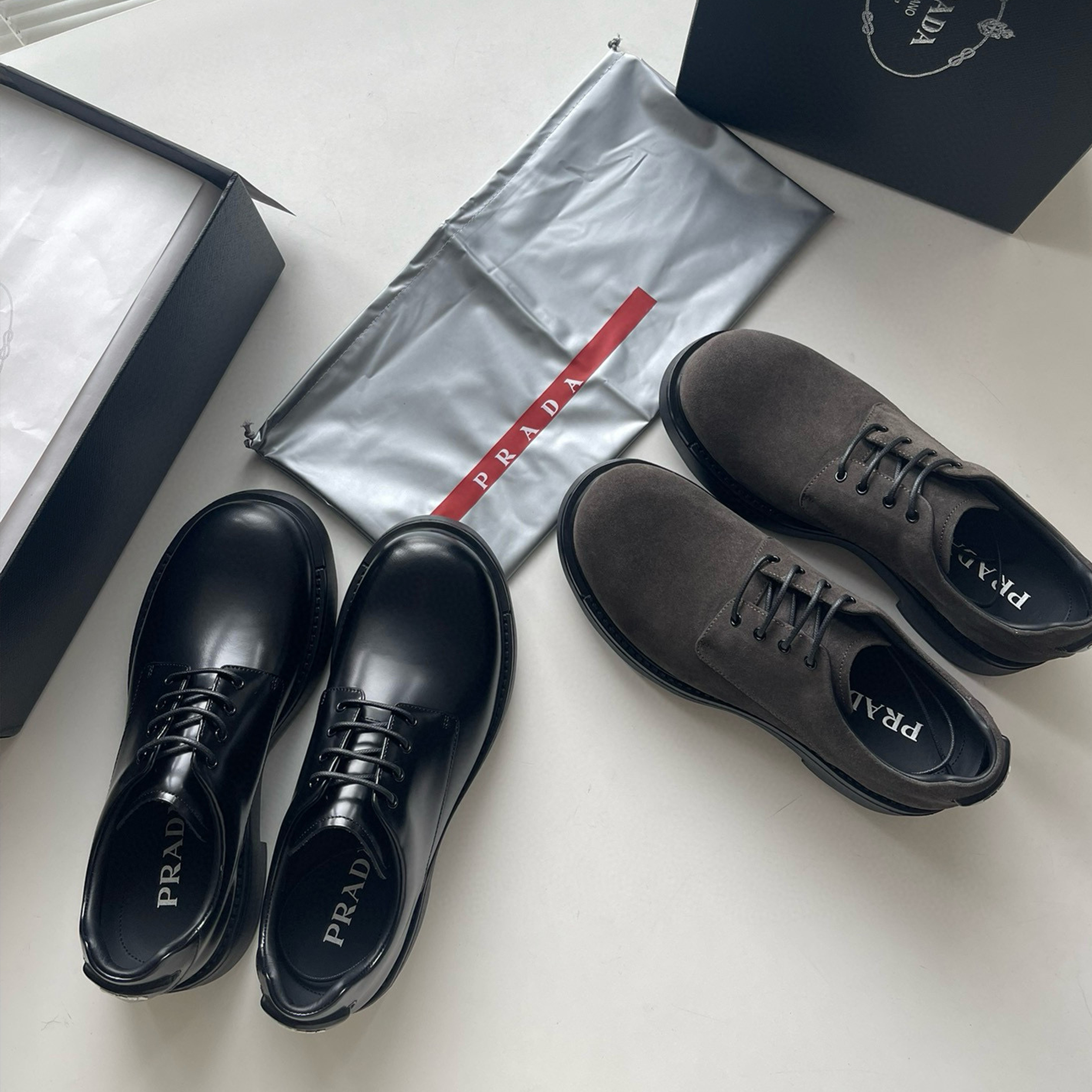 NIGO Prada Men's Four Seasons Bright Suede Leather Lace Up Derby Shoes Fashion Casual Black Round Toe Leather Shoes Ngvp #nigo8159