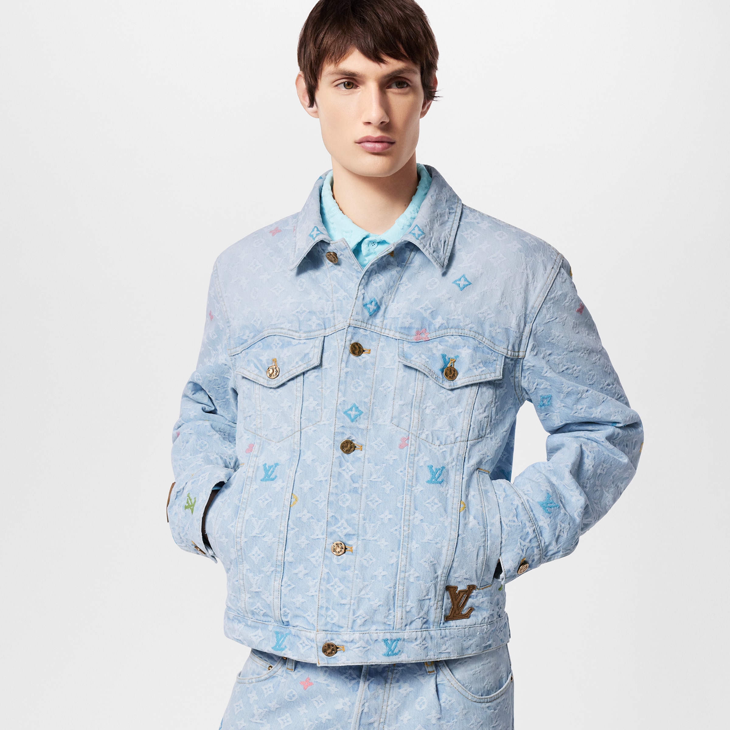 NIGO Louis Vuitton Men's Fall And Winter Light Blue Logo Letters Embroidered Lapel Single Breasted Long Sleeved Denim Jacket #nigo98937