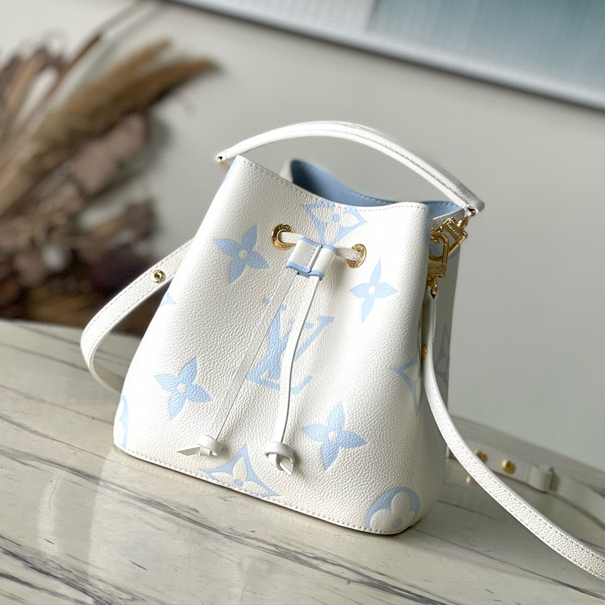 NIGO Louis Vuitton Women's Monogram Logo Drawstring Closure White Leather Tote Crossbody Shoulder Bag Bags #nigo98934