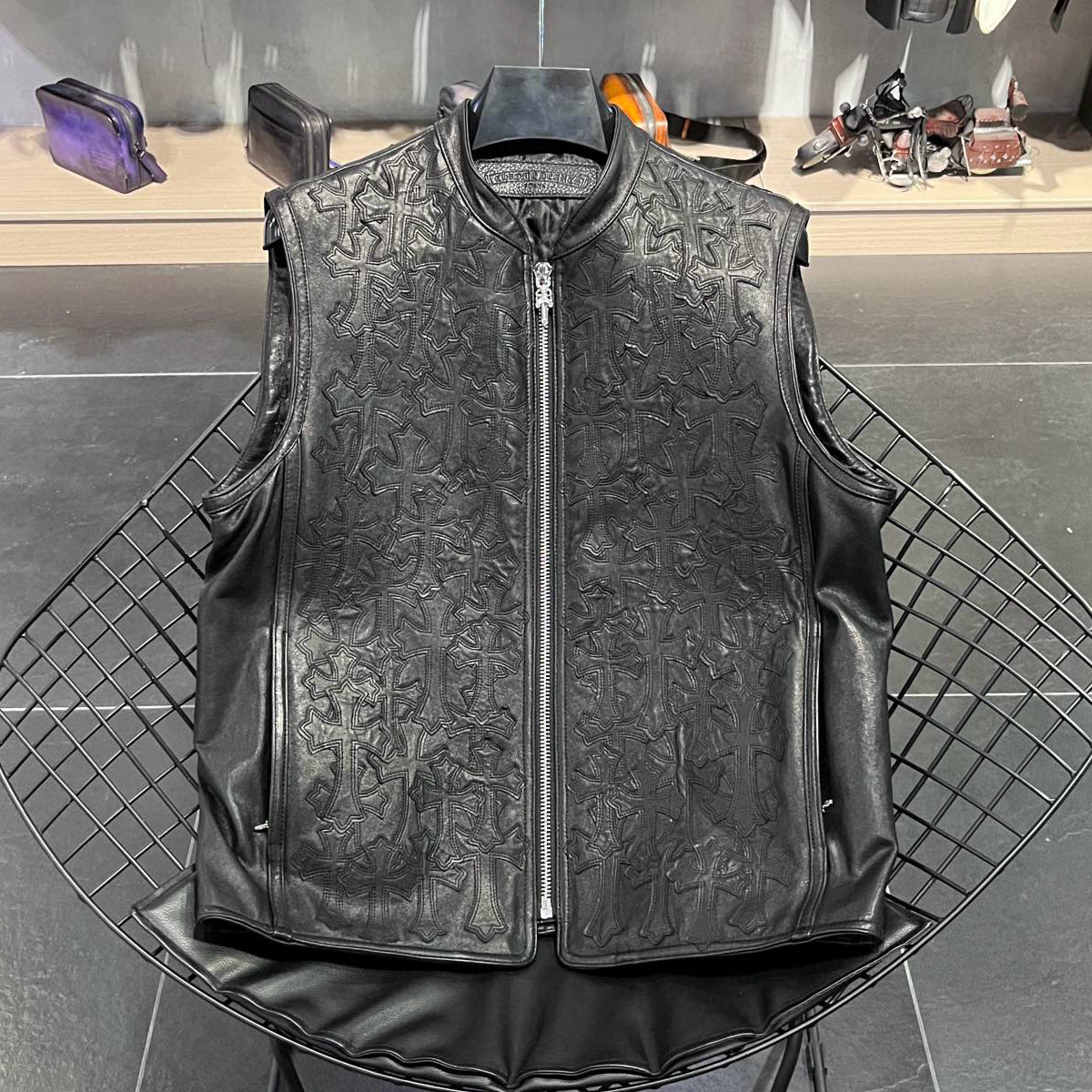 NIGO Chrome Hearts Men's Spring/Summer Dark Logo Leather Zipper Sleeveless Waistcoat Vest Jacket #nigo98936