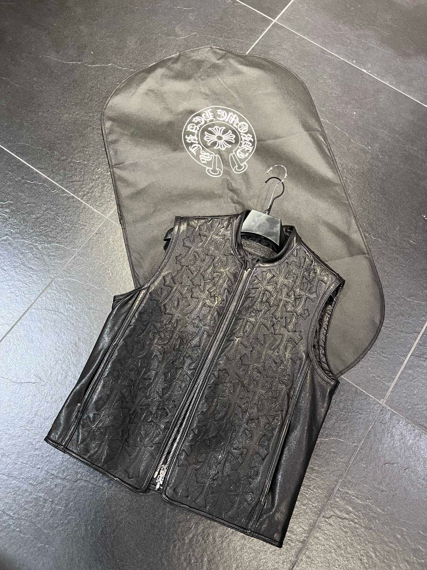 NIGO Chrome Hearts Men's Spring/Summer Dark Logo Leather Zipper Sleeveless Waistcoat Vest Jacket #nigo98936