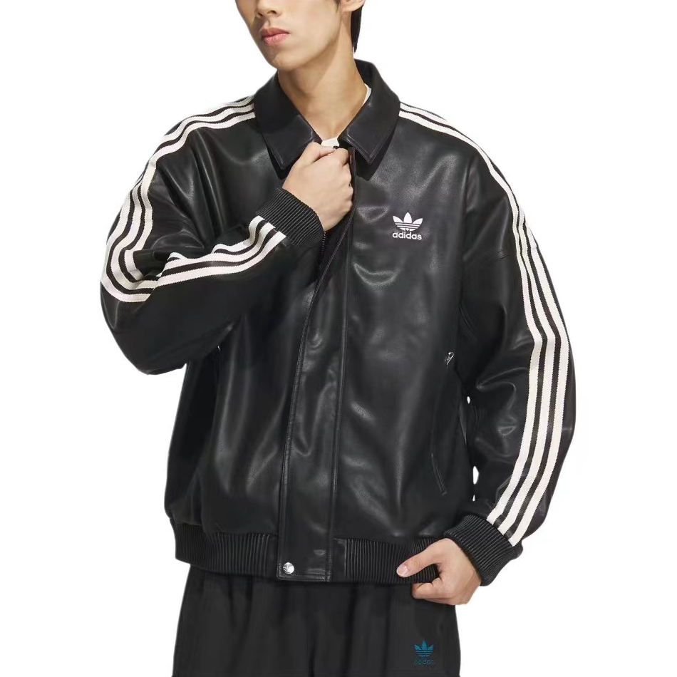 NIGO Adidas Originals X FEIFEI RUAN Men's Fall And Winter Lapel Zipper Imitation Leather Jacket #nigo98935