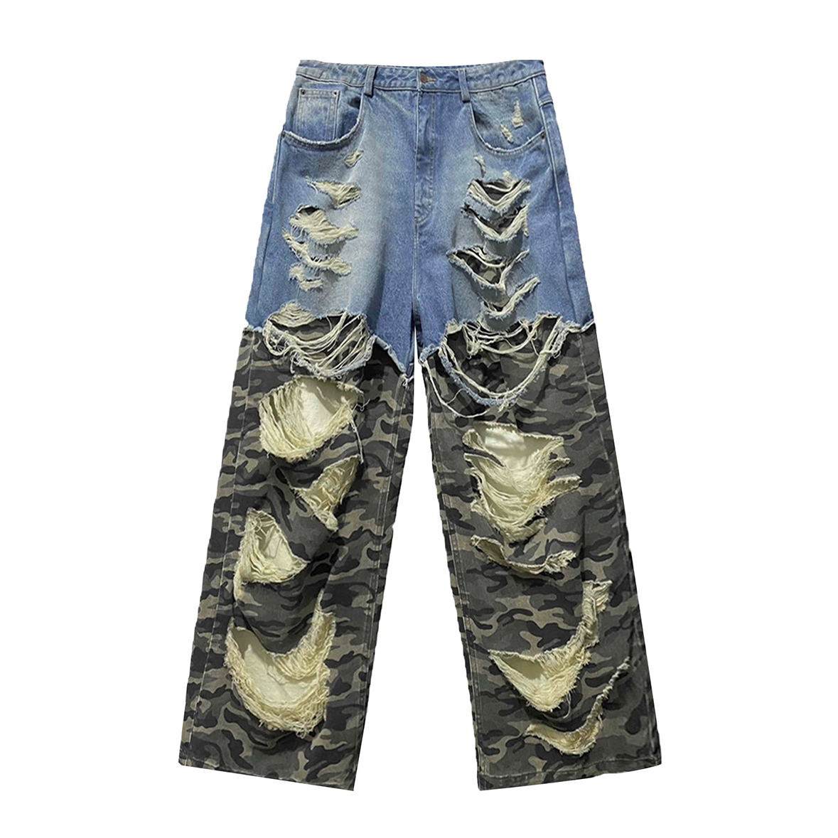 NIGO REGEN ZONE Men's Four Seasons Fashion Washed Camouflage Denim Patchwork Destroyed Casual Pants Ngvp #nigo8175