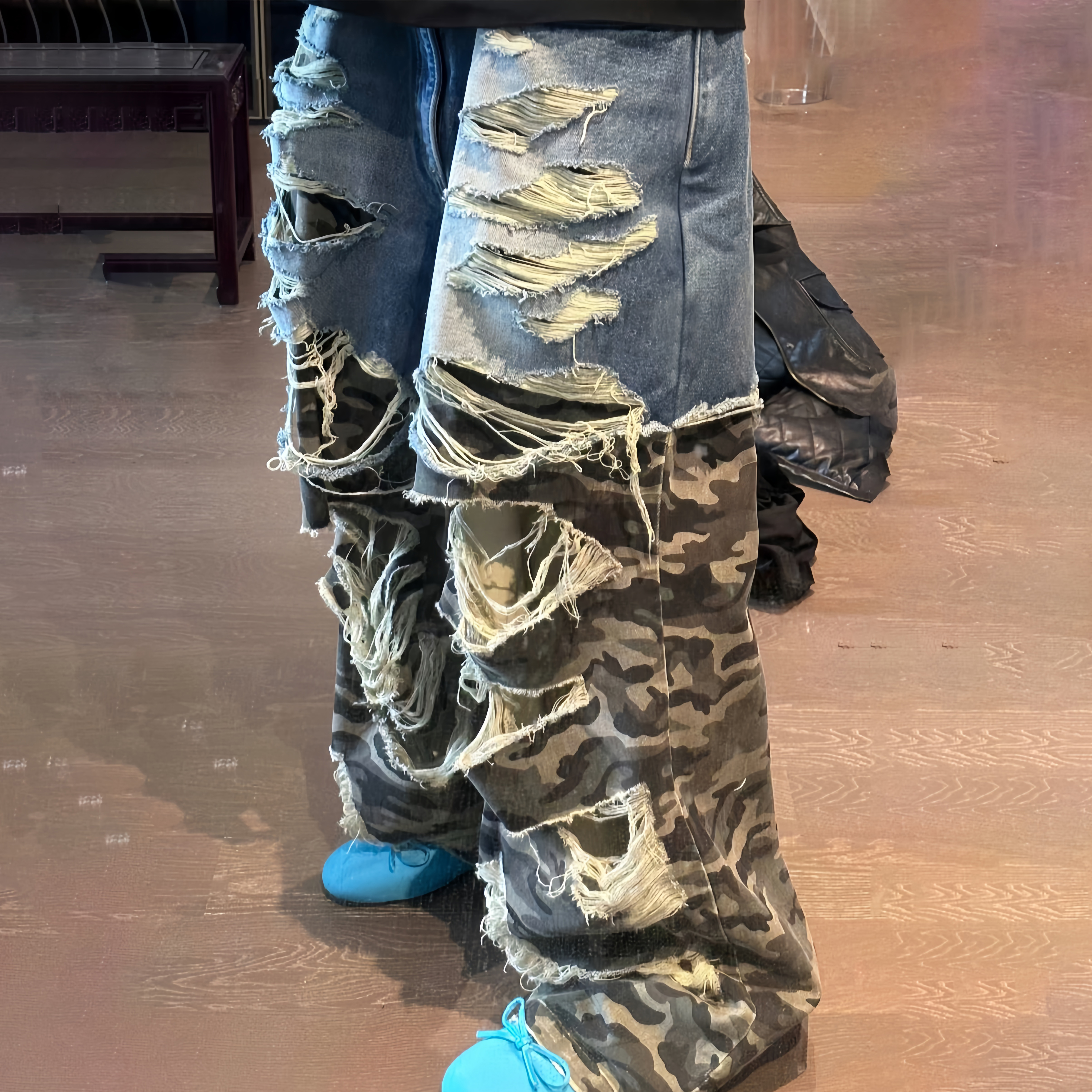 NIGO REGEN ZONE Men's Four Seasons Fashion Washed Camouflage Denim Patchwork Destroyed Casual Pants Ngvp #nigo8175