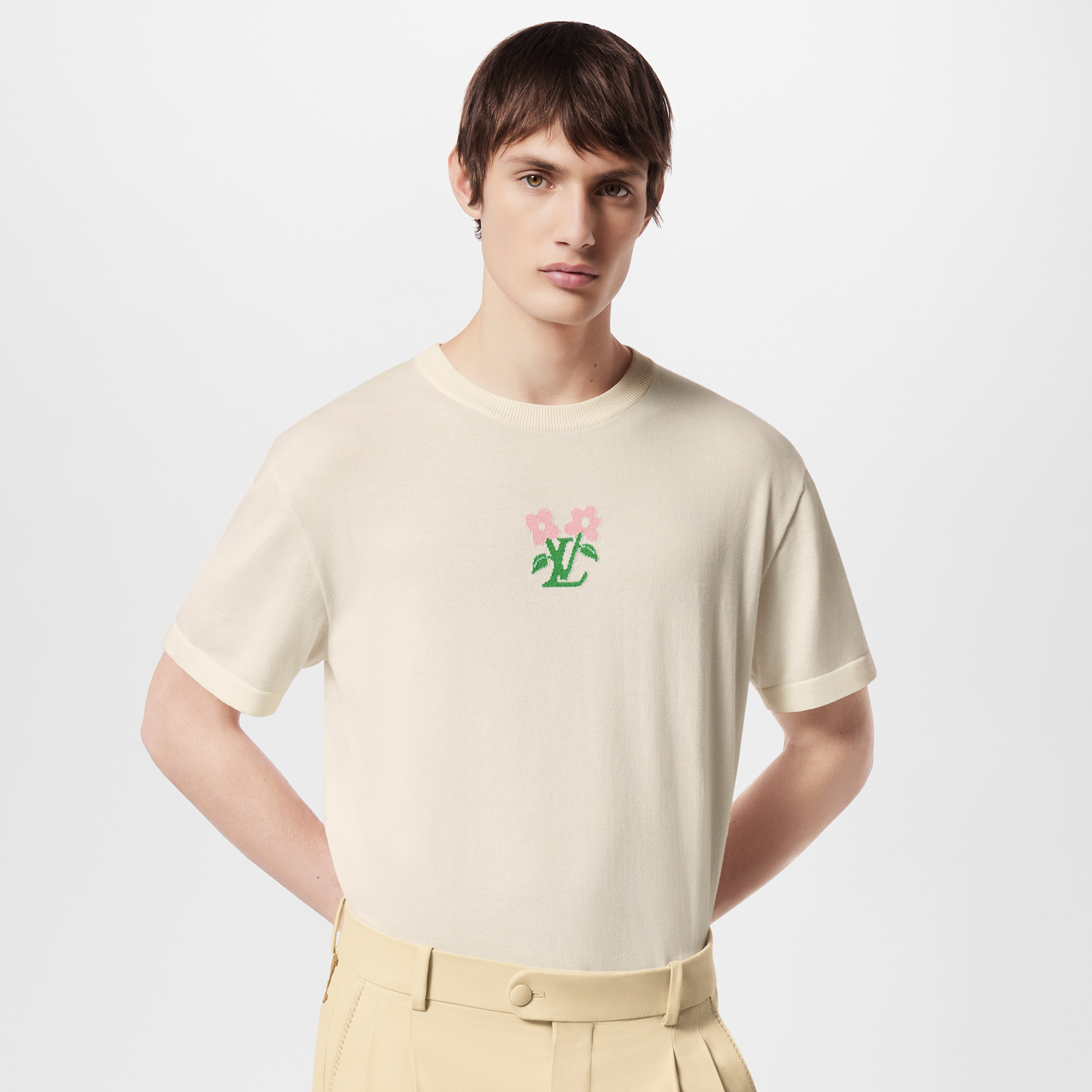 NIGO Louis Vuitton Men's Summer Floral Letter Print Beige Cotton Knit Round Neck Short Sleeve T-Shirt #nigo98979