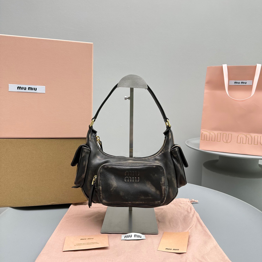 NIGO MiuMiu Women's Black Old Vintage Leather Hobo Bag Shoulder Handbag Bags #nigo98994