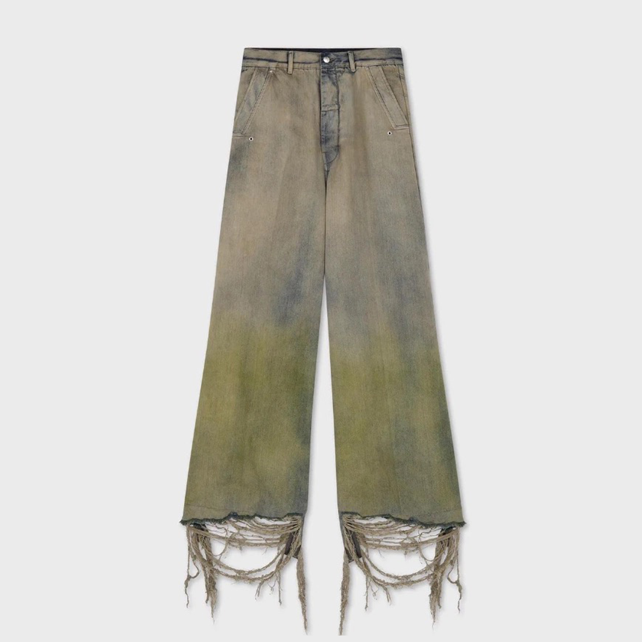 NIGO Rick Owens Men's Women's Four Seasons Gradient Yellow Green Washed Vintage Hole Breaking Wide Leg Denim Long Pants Ngvp #nigo8192