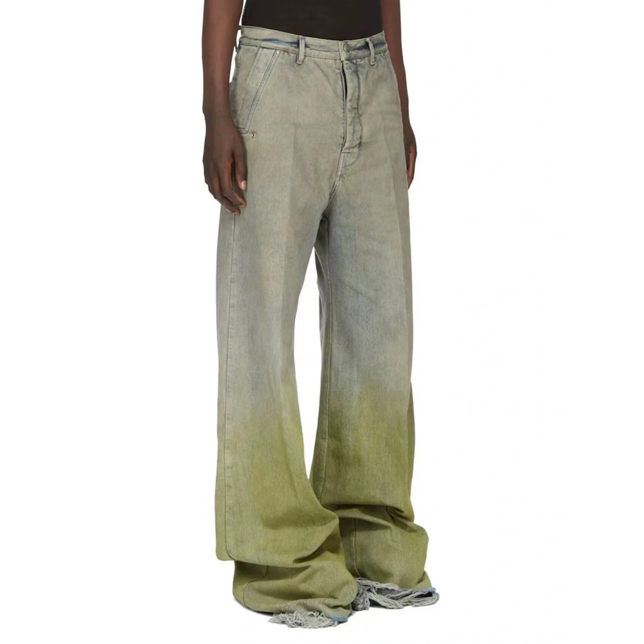 NIGO Rick Owens Men's Women's Four Seasons Gradient Yellow Green Washed Vintage Hole Breaking Wide Leg Denim Long Pants Ngvp #nigo8192